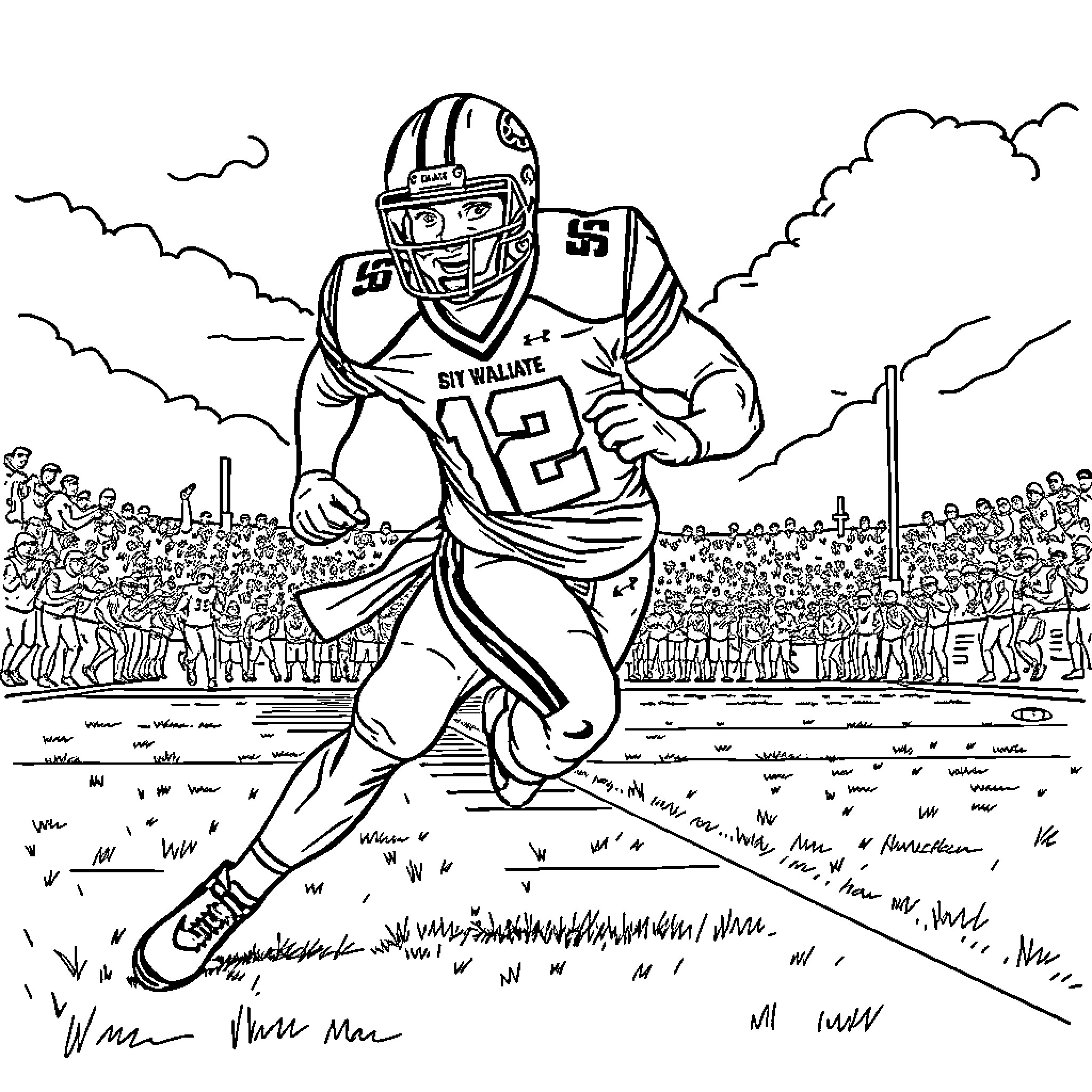 Cyclone player running with football on field Coloring Page (free black-and-white line drawing printable PDF for all, from beginners to advanced learners, including children, teens, adults, and seniors)