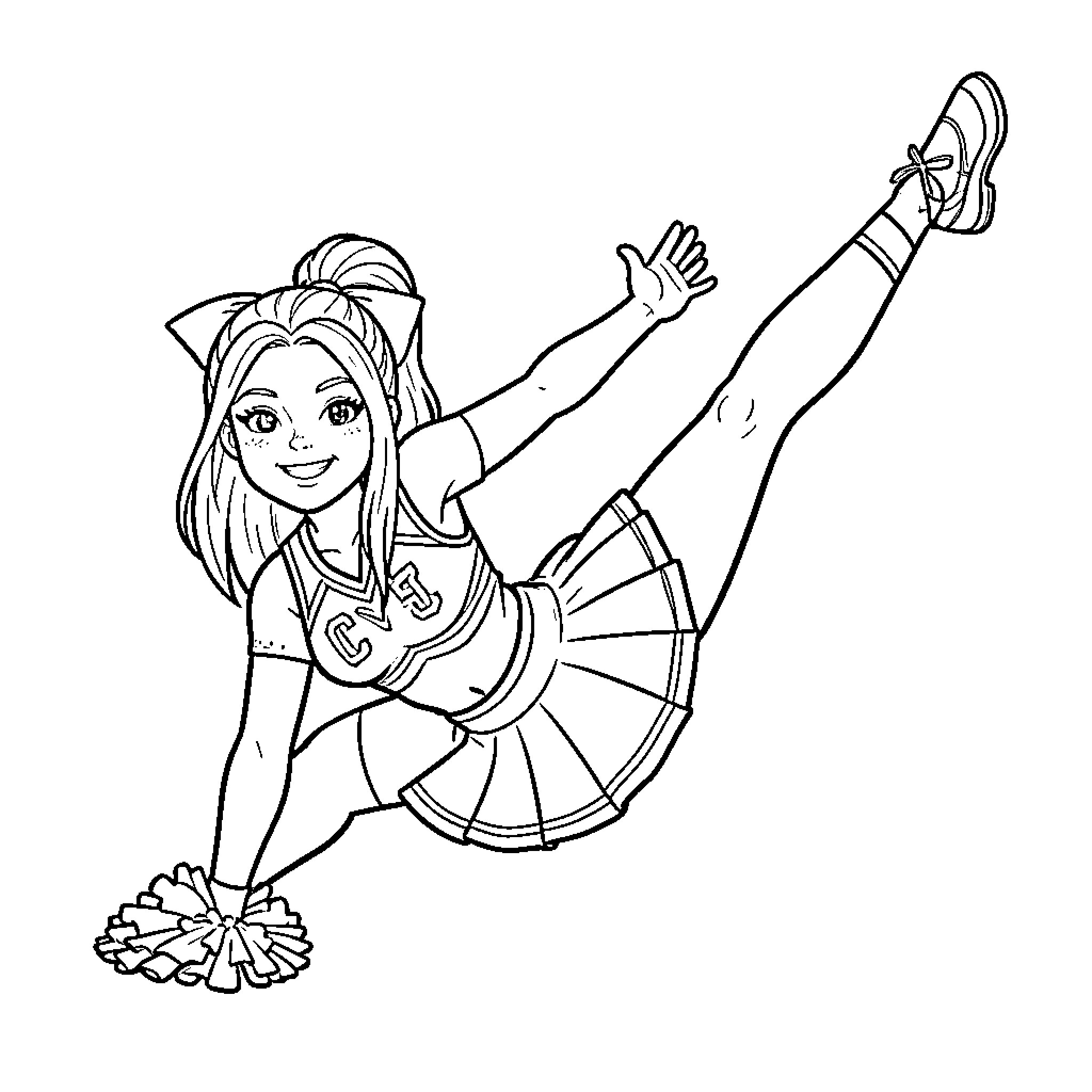 Cheerleader performing energetic routine Coloring Page (free black-and-white line drawing printable PDF for all, from beginners to advanced learners, including children, teens, adults, and seniors)