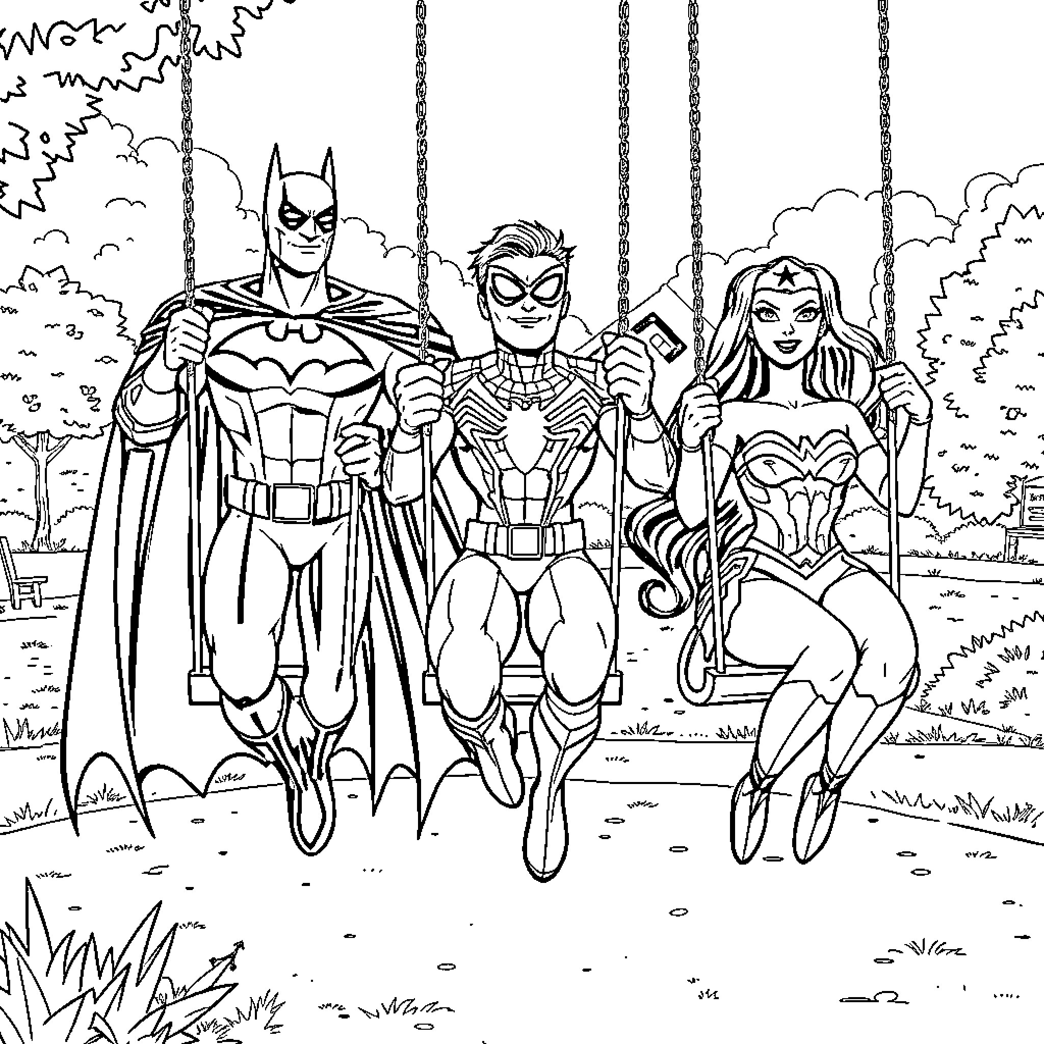 Superhero squad on an exciting adventure Coloring Page (free black-and-white line drawing printable PDF for all, from beginners to advanced learners, including children, teens, adults, and seniors)