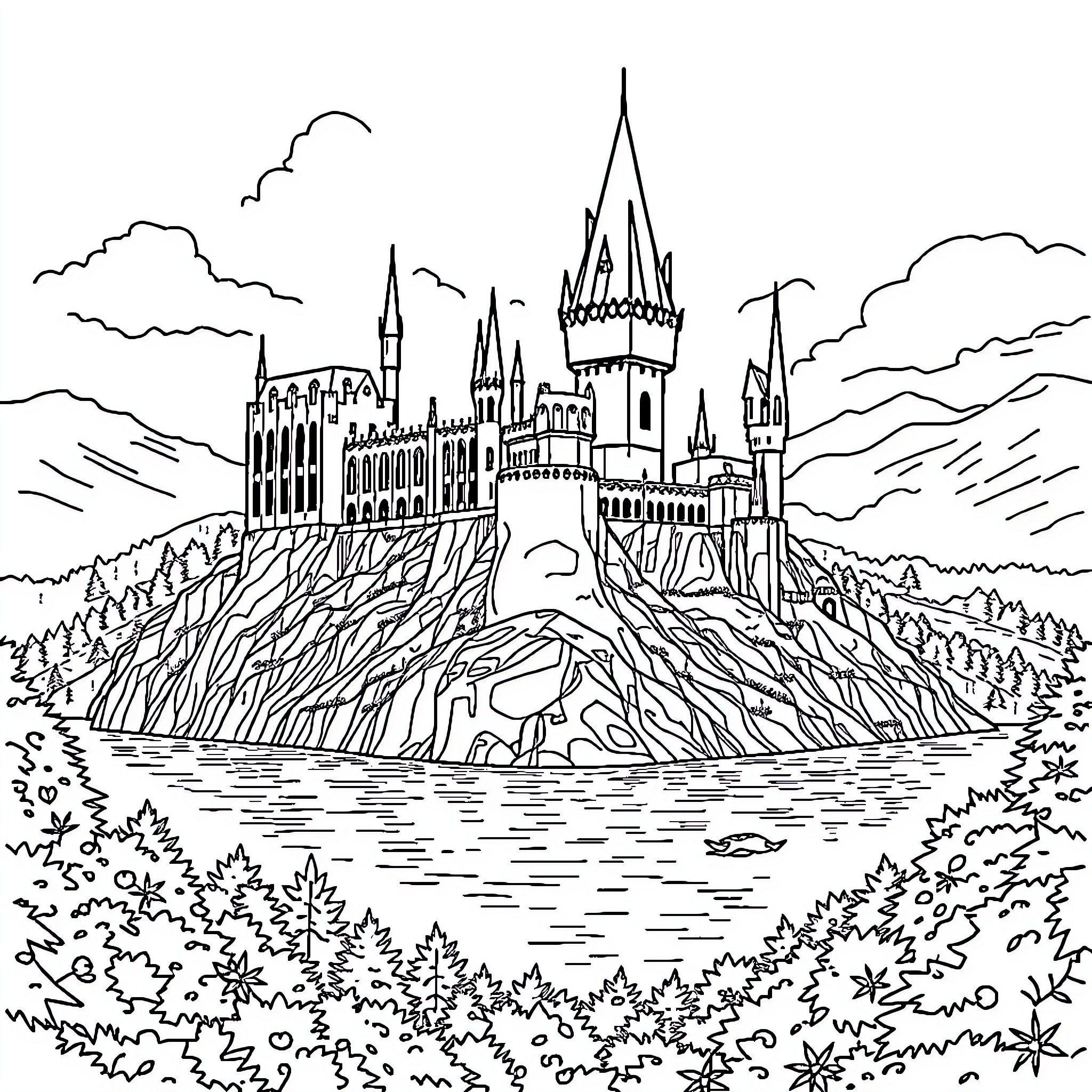 Hogwarts Castle Overlooking Majestic Landscape Coloring Page (free black-and-white line drawing printable PDF for all, from beginners to advanced learners, including children, teens, adults, and seniors)