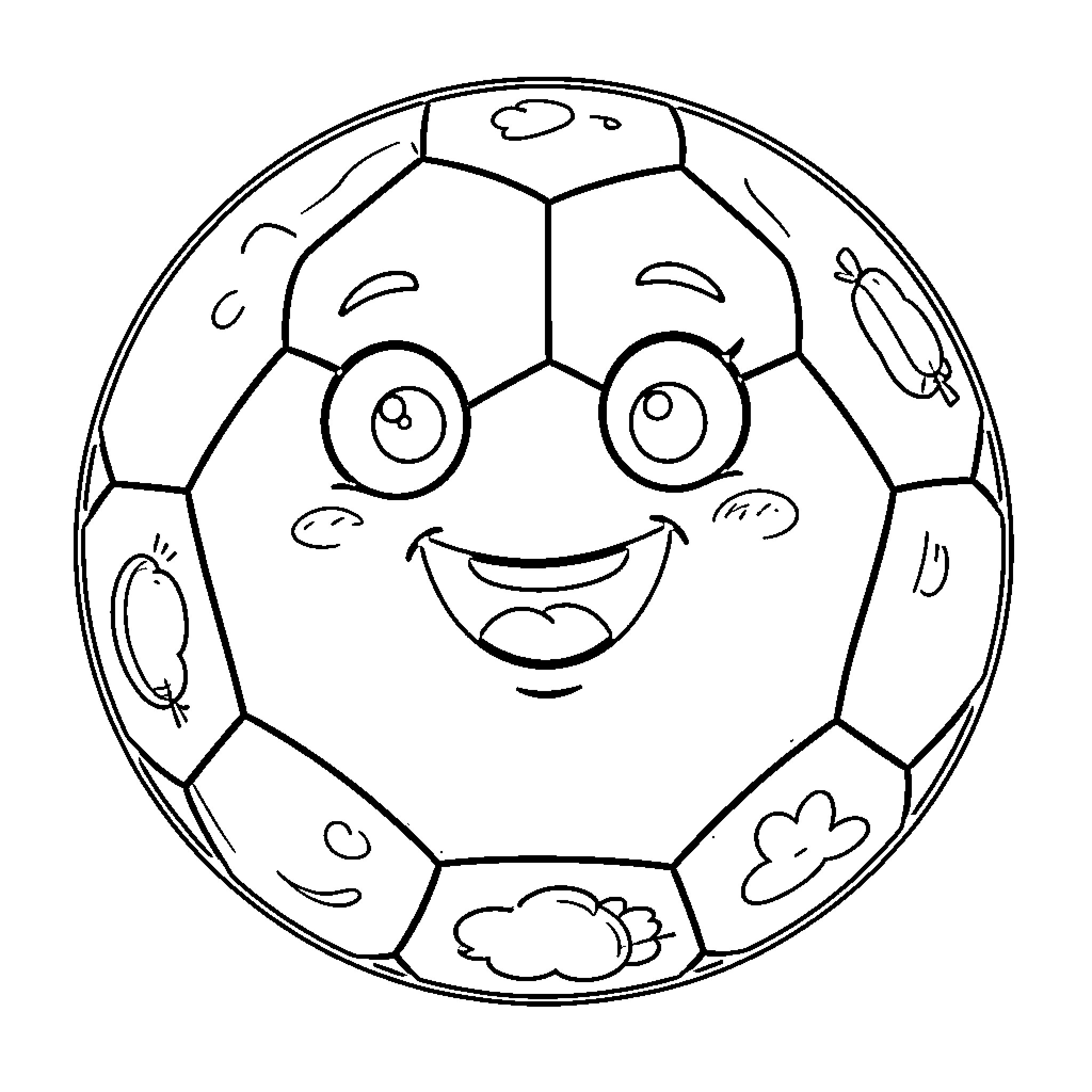 Funny Soccer Ball with a joyful smiling face Coloring Page (free black-and-white line drawing printable PDF for all, from beginners to advanced learners, including children, teens, adults, and seniors)