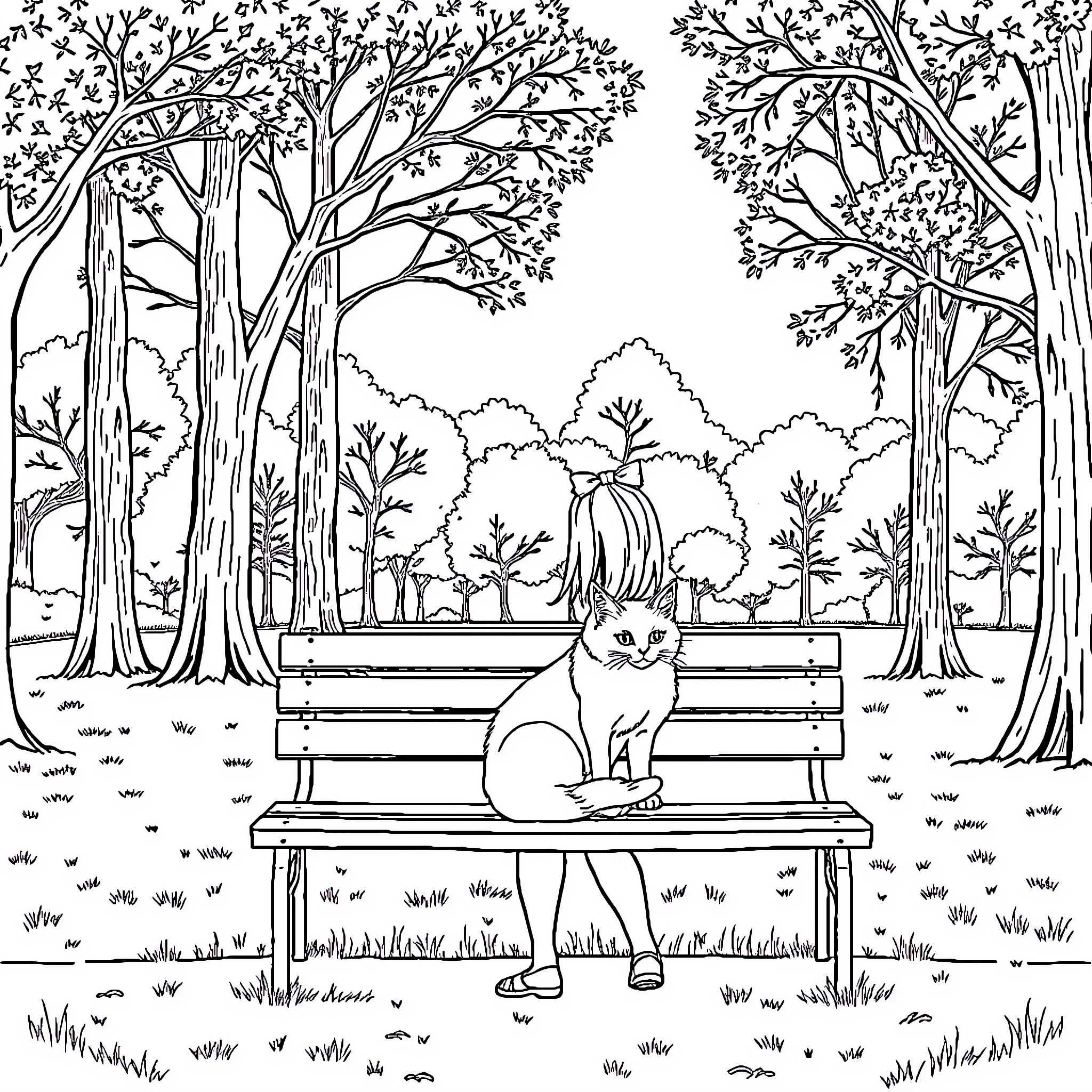 Girl sitting peacefully on bench in forest Coloring Page (free black-and-white line drawing printable PDF for all, from beginners to advanced learners, including children, teens, adults, and seniors)