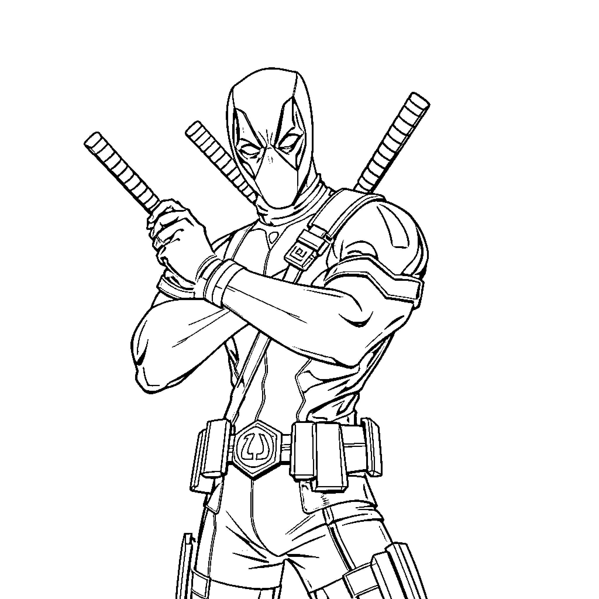 Deadpool in action-packed superhero pose Coloring Page (free black-and-white line drawing printable PDF for all, from beginners to advanced learners, including children, teens, adults, and seniors)