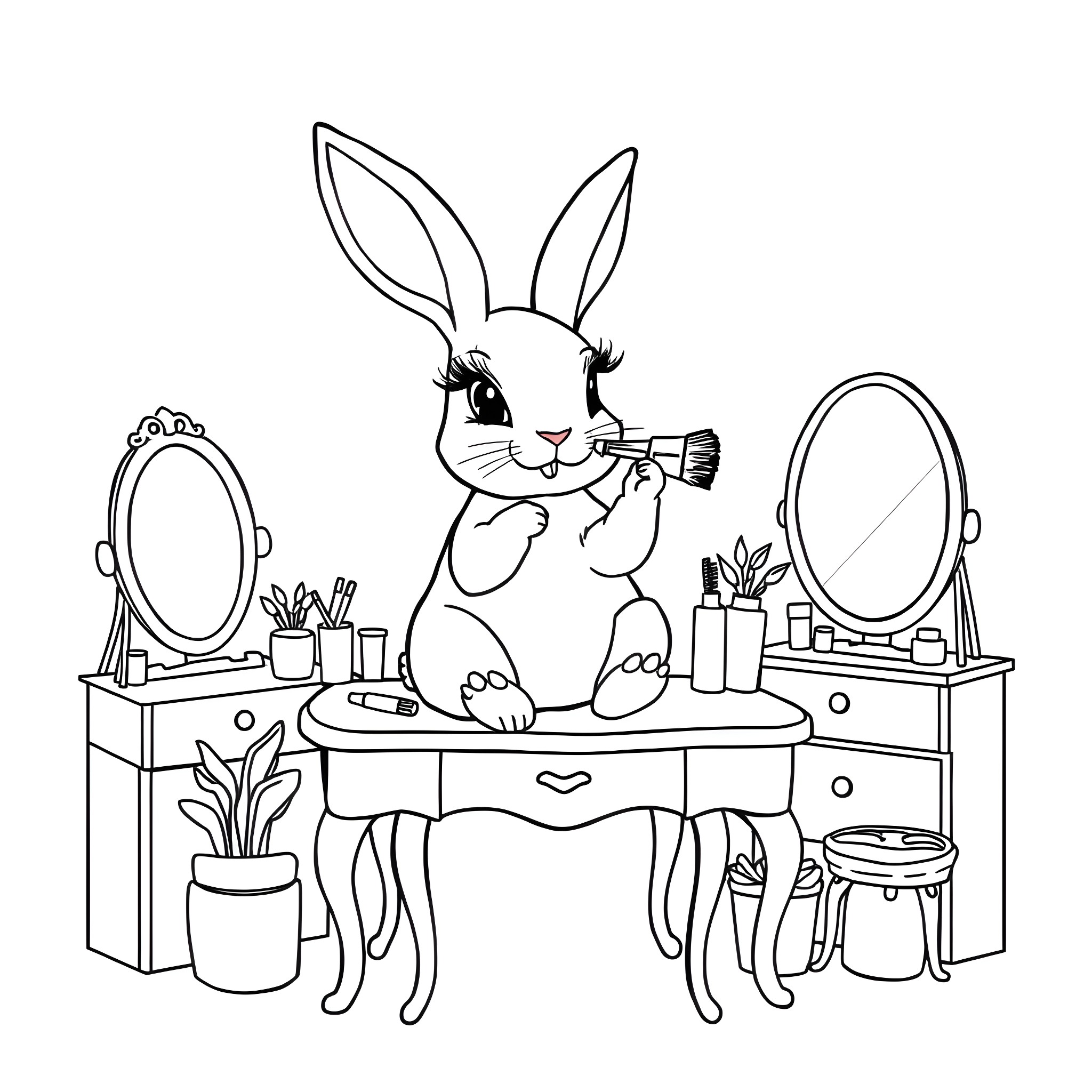 Rabbit getting ready in the vanity room Coloring Page (free black-and-white line drawing printable PDF for all, from beginners to advanced learners, including children, teens, adults, and seniors)