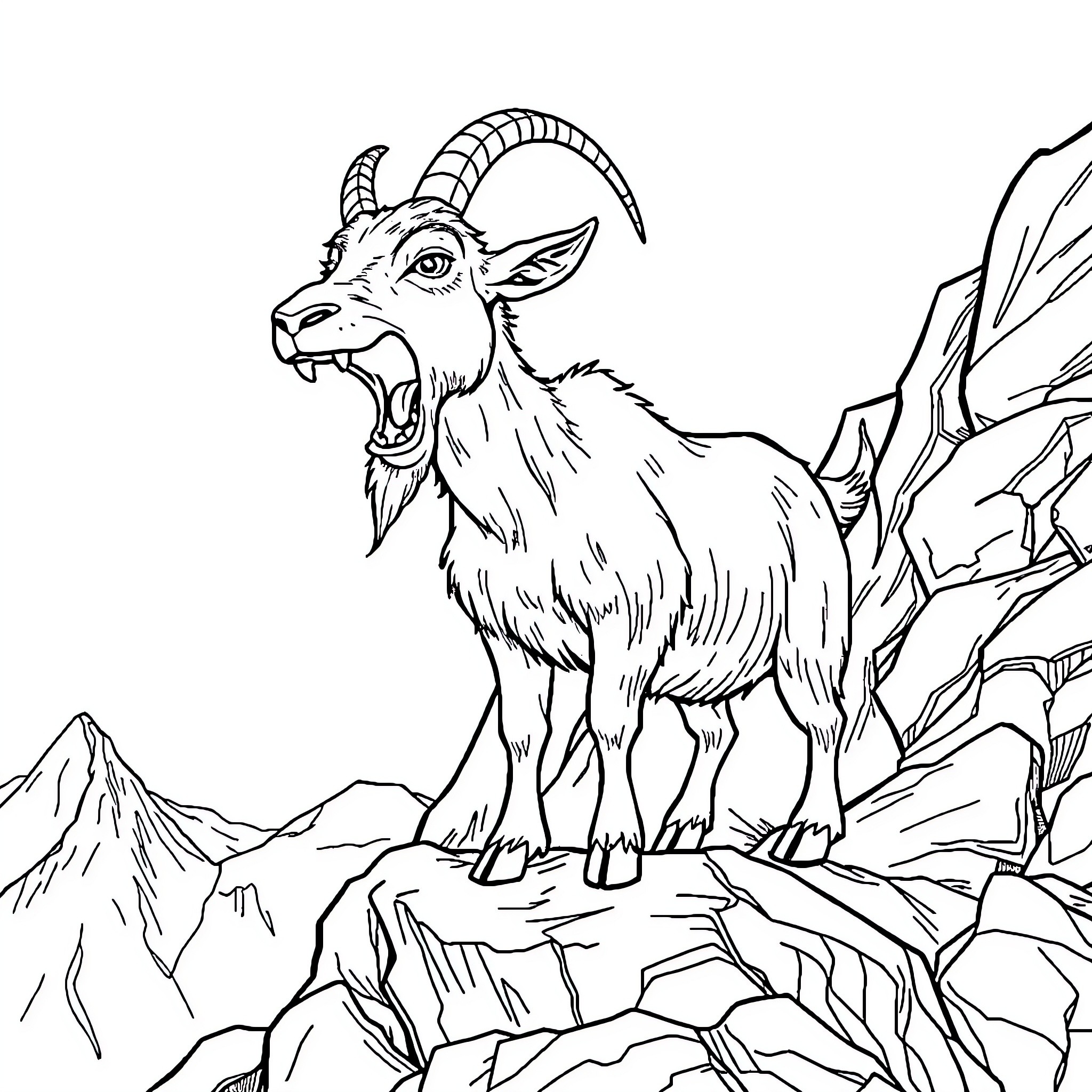 Goat standing on rocky mountain Coloring Page (free black-and-white line drawing printable PDF for all, from beginners to advanced learners, including children, teens, adults, and seniors)