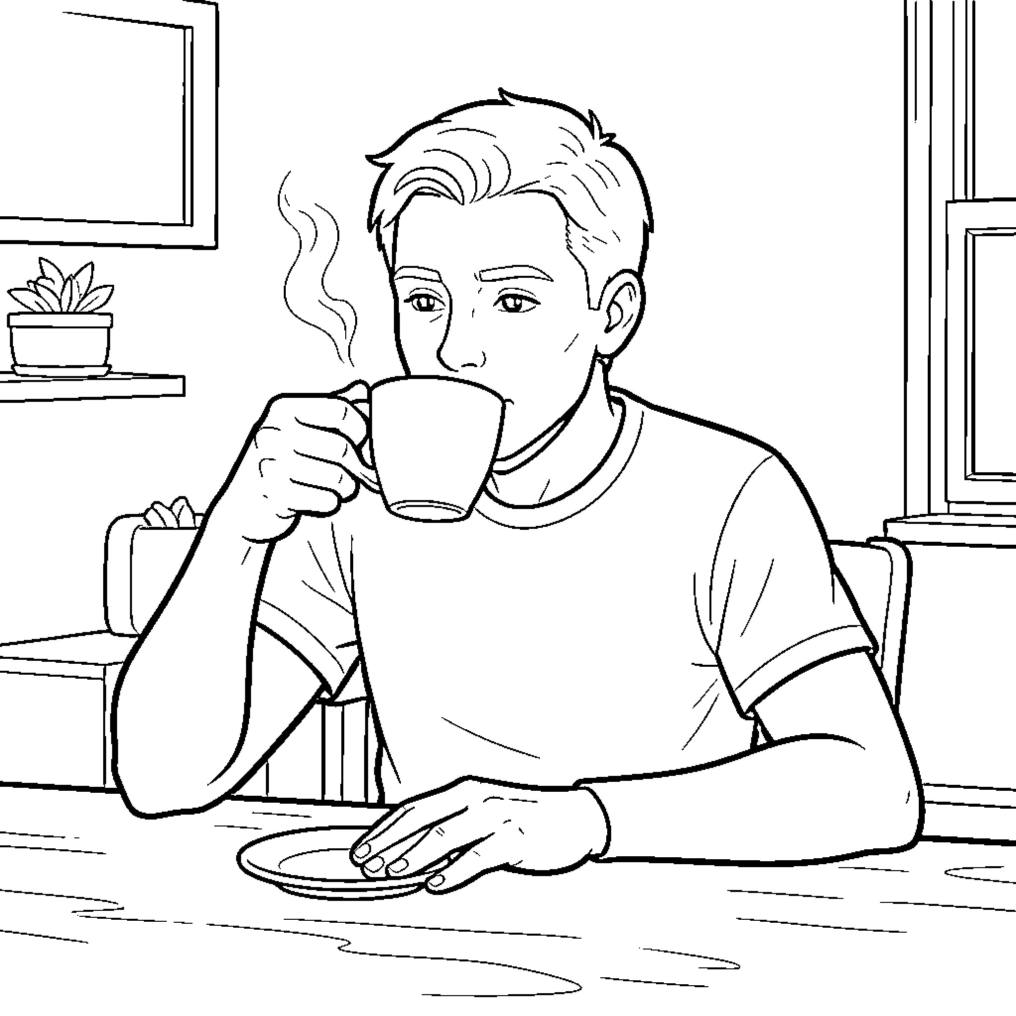 Educator enjoys a warm beverage in the classroom Coloring Page (free black-and-white line drawing printable PDF for all, from beginners to advanced learners, including children, teens, adults, and seniors)
