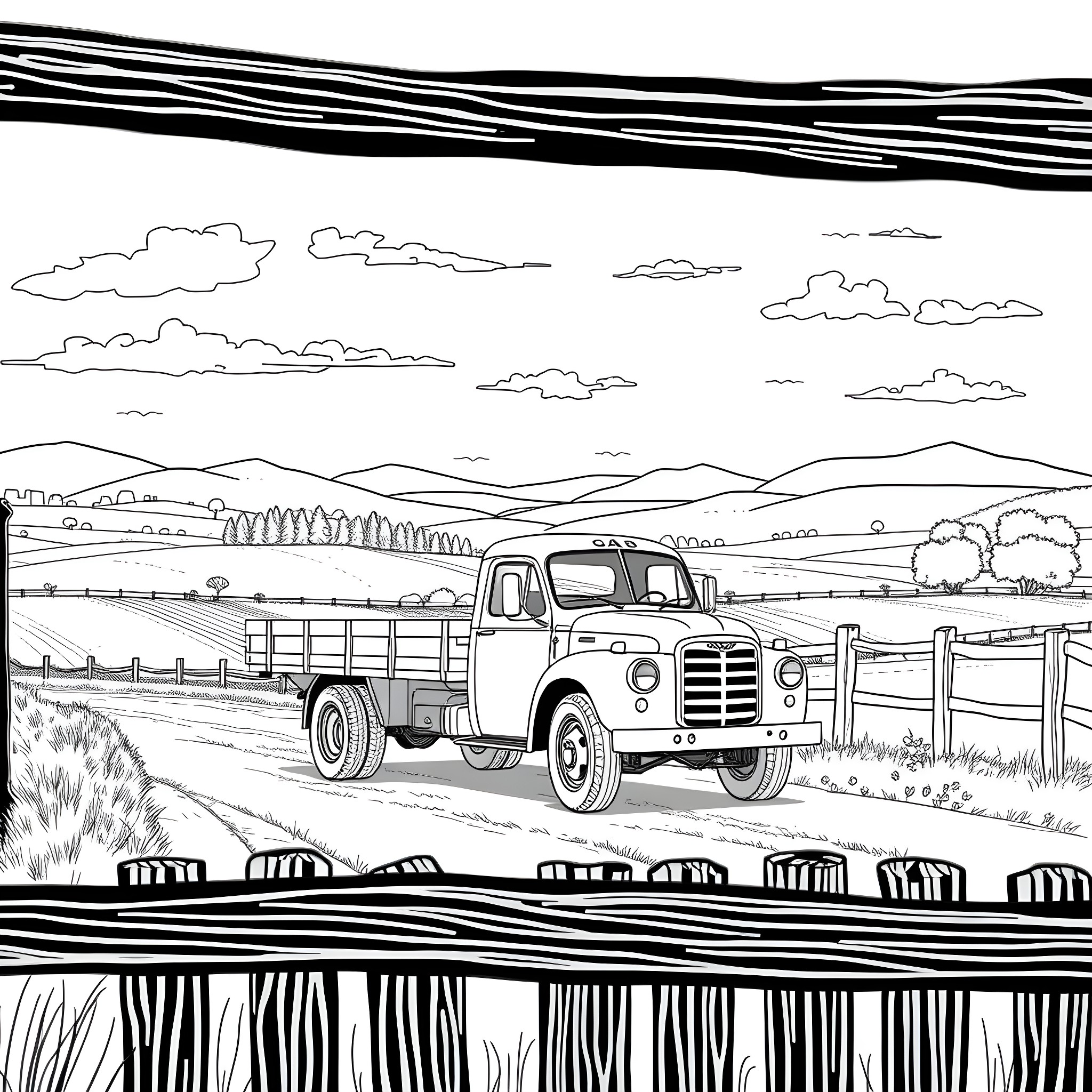 Flatbed truck on a rural countryside road Coloring Page (free black-and-white line drawing printable PDF for all, from beginners to advanced learners, including children, teens, adults, and seniors)