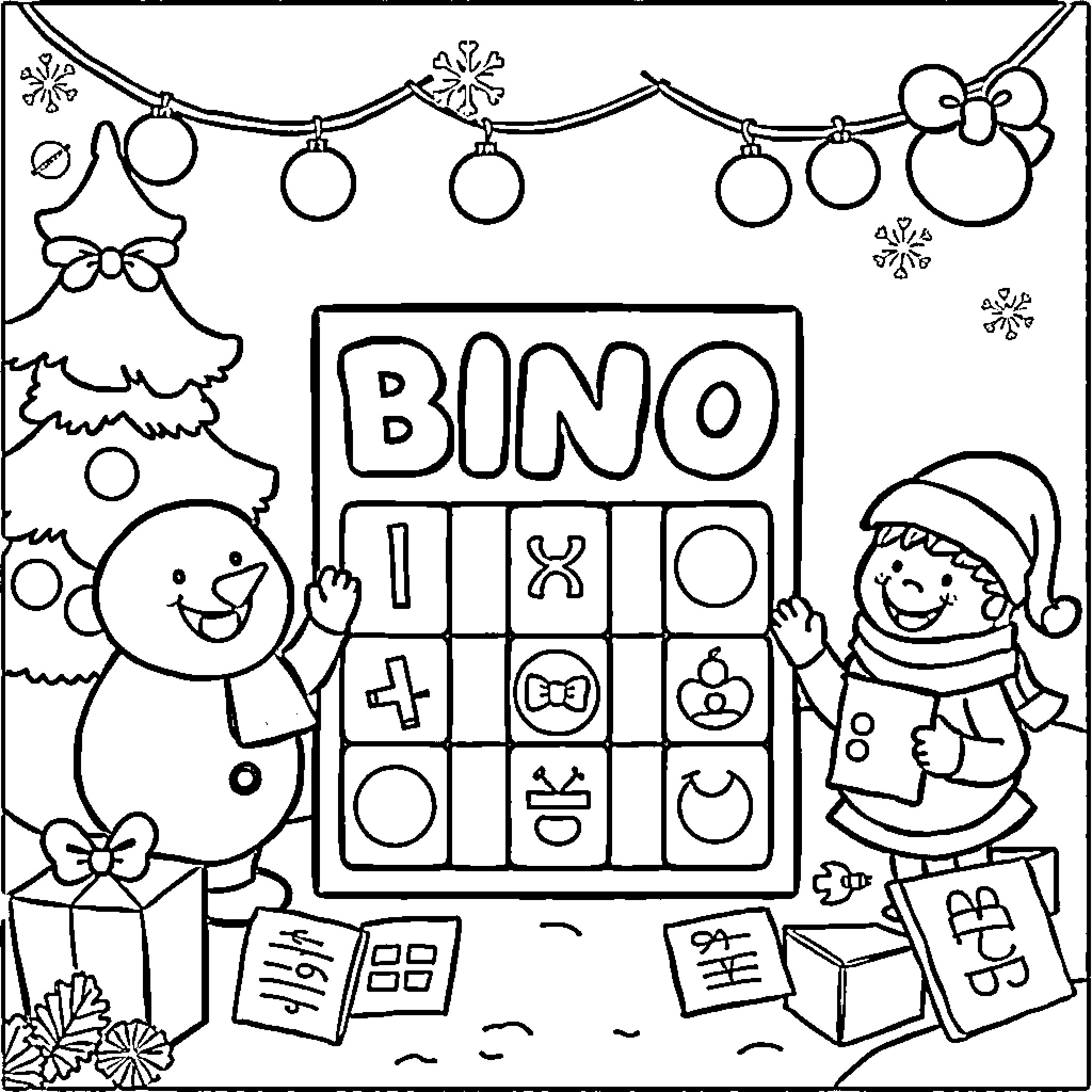 Bingo Holiday Fun with Snowman and Elf Coloring Page (free black-and-white line drawing printable PDF for all, from beginners to advanced learners, including children, teens, adults, and seniors)