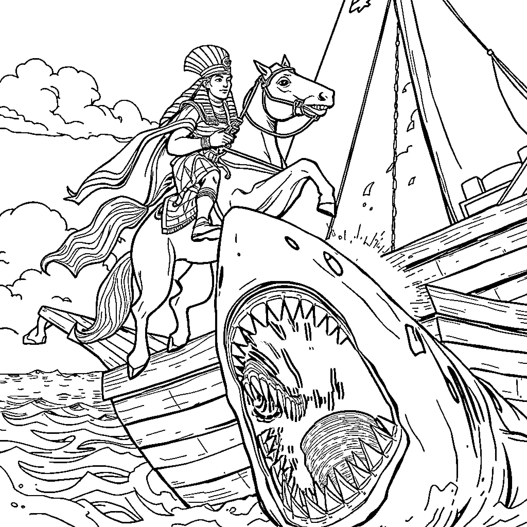 Pharaoh riding horse amidst shipwreck and sea monster Coloring Page (free black-and-white line drawing printable PDF for all, from beginners to advanced learners, including children, teens, adults, and seniors)