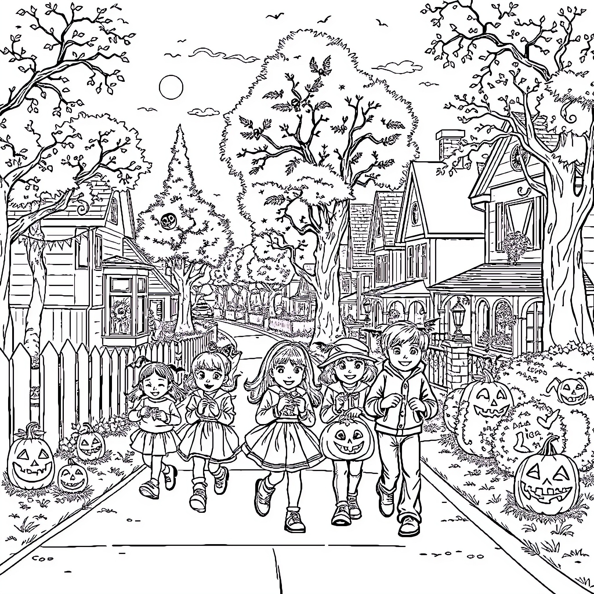 Halloween Costumes in Spooky Neighborhood Scene Coloring Page (free black-and-white line drawing printable PDF for all, from beginners to advanced learners, including children, teens, adults, and seniors)