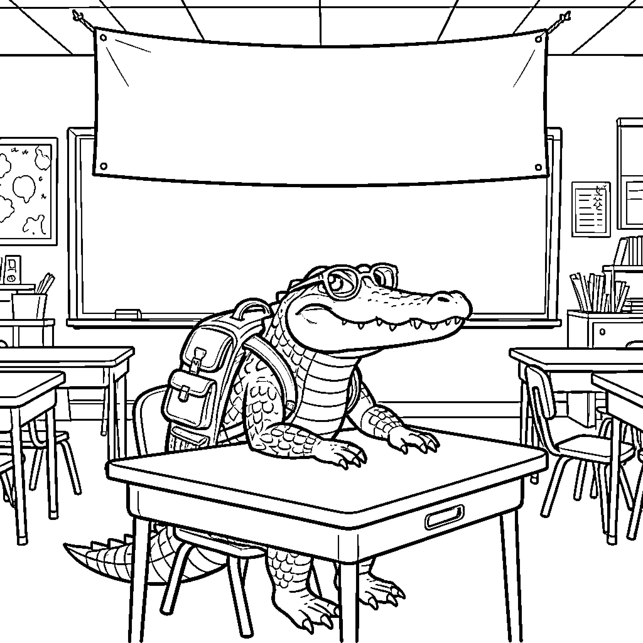 Alligator wearing glasses and a backpack at a desk Coloring Page (free black-and-white line drawing printable PDF for all, from beginners to advanced learners, including children, teens, adults, and seniors)
