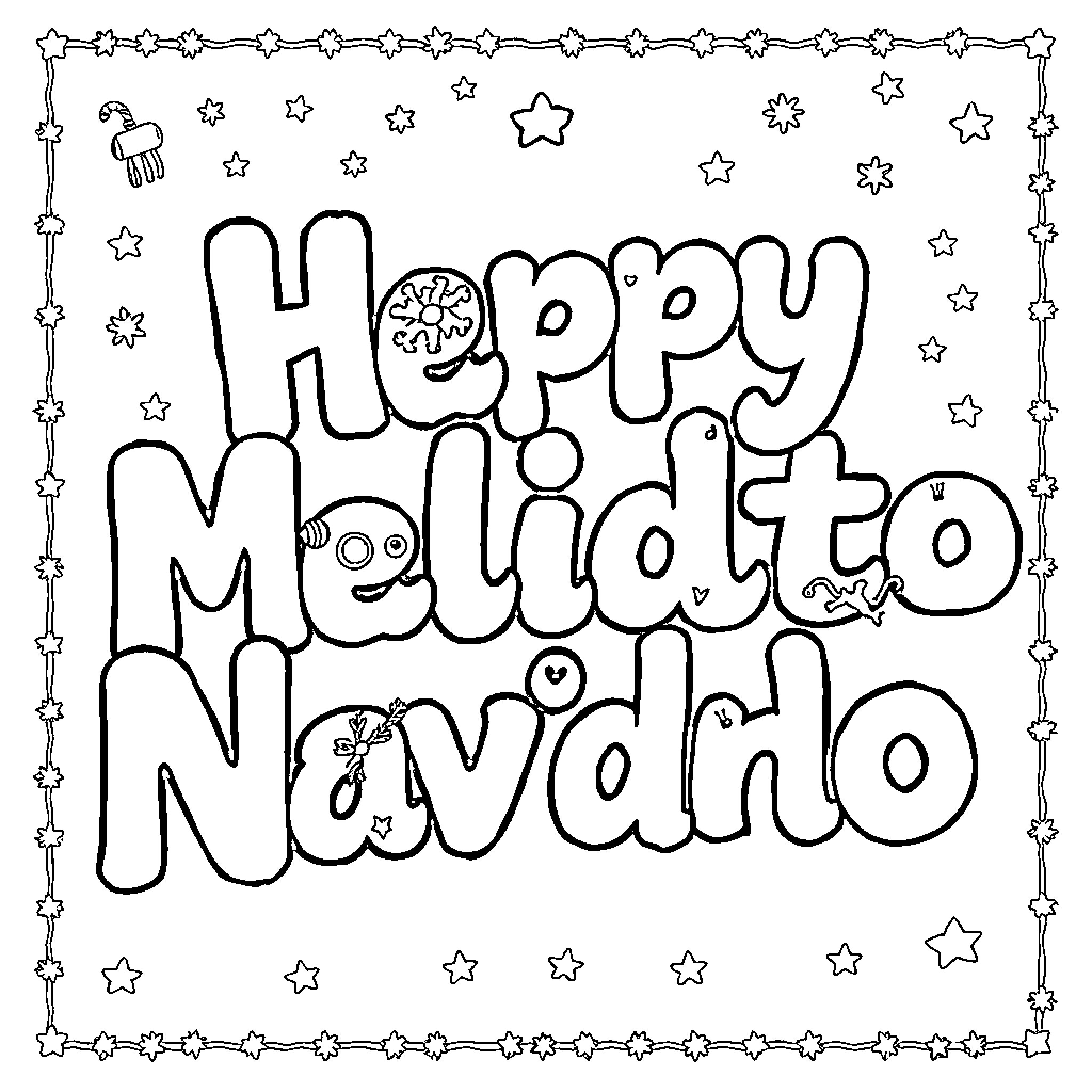 Alphabet Happy Melido Navdho with Playful Stars Coloring Page (free black-and-white line drawing printable PDF for all, from beginners to advanced learners, including children, teens, adults, and seniors)