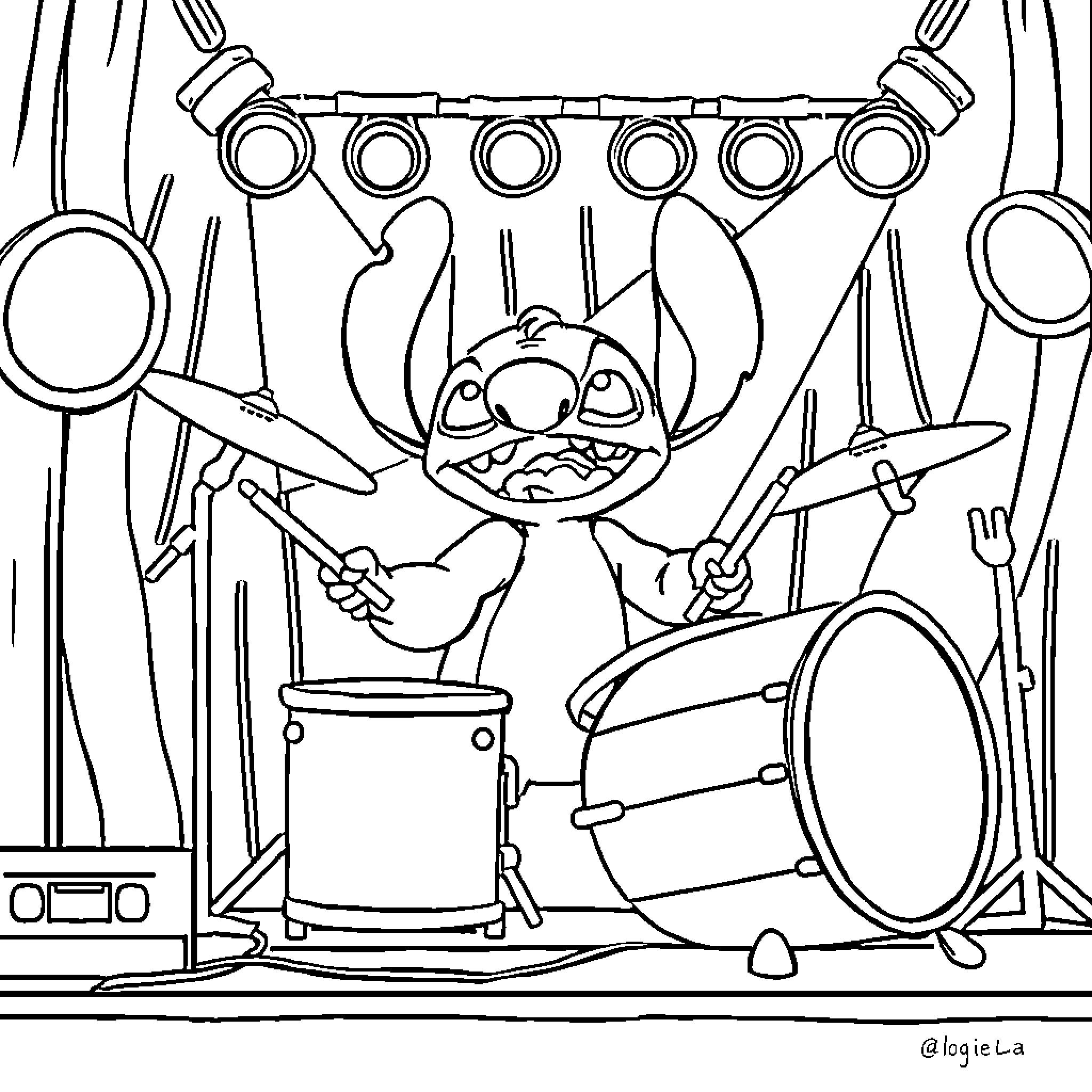 Stitch playing drums and musical instruments Coloring Page (free black-and-white line drawing printable PDF for all, from beginners to advanced learners, including children, teens, adults, and seniors)