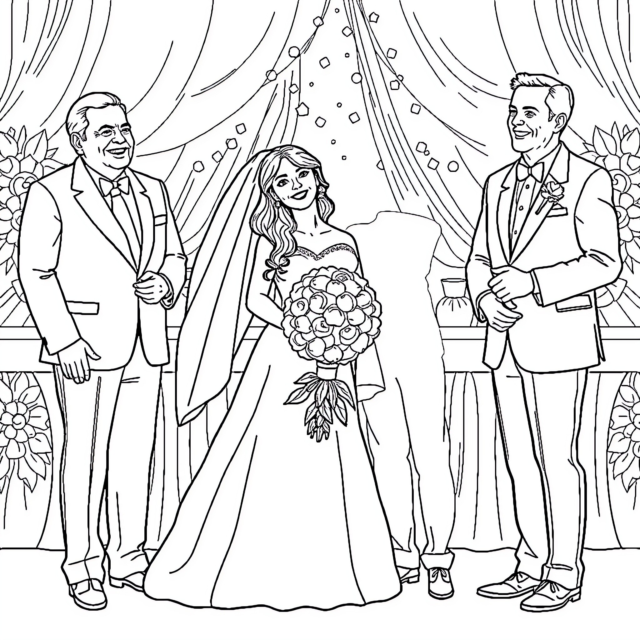 Novios celebrating their joyous wedding ceremony Coloring Page (free black-and-white line drawing printable PDF for all, from beginners to advanced learners, including children, teens, adults, and seniors)