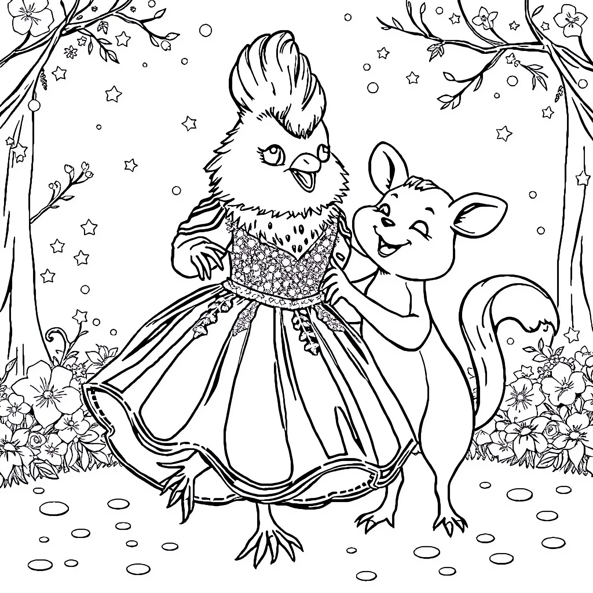 Squirrel and Mouse in Whimsical Woodland Scene Coloring Page (free black-and-white line drawing printable PDF for all, from beginners to advanced learners, including children, teens, adults, and seniors)