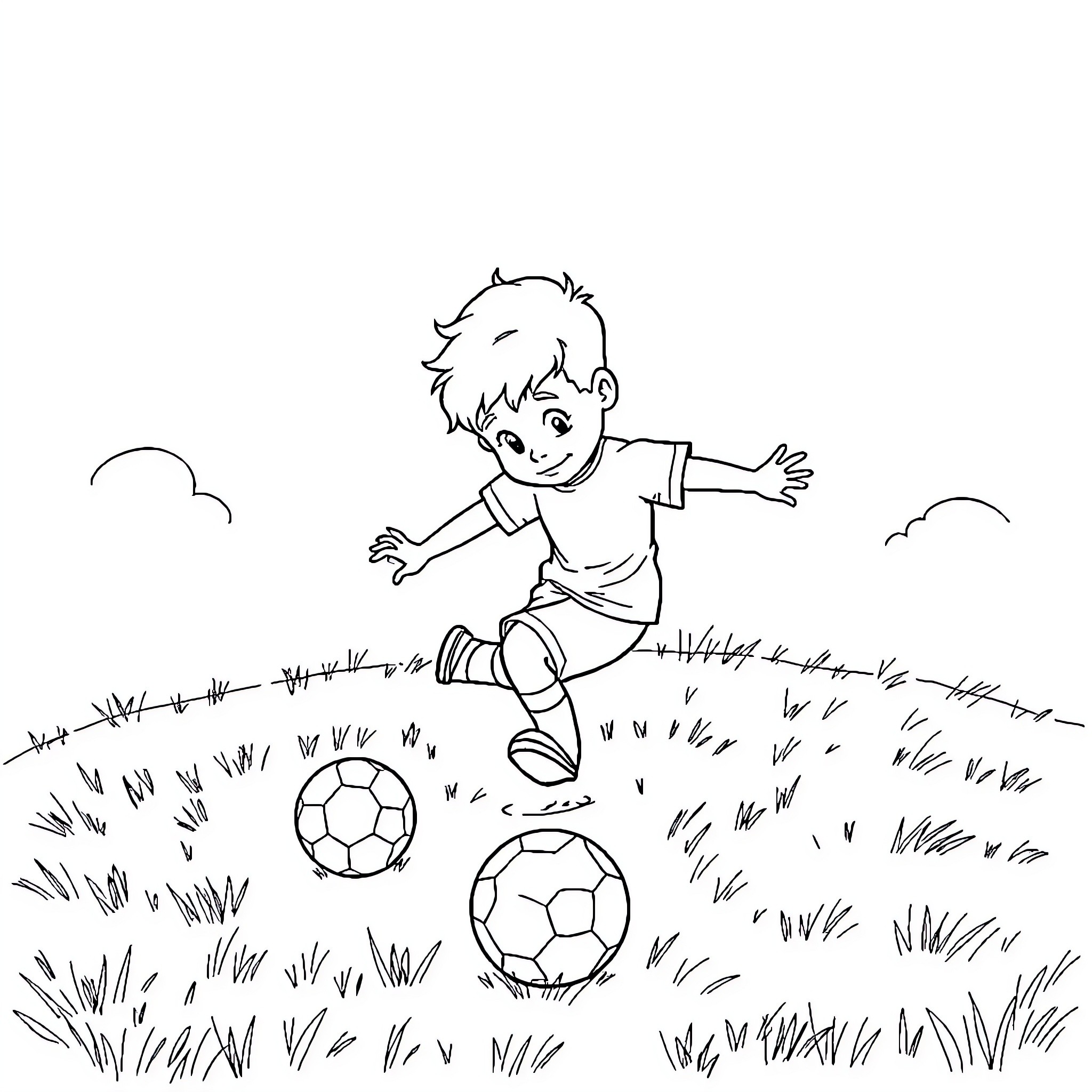 Little Prince Playing with Soccer Balls in the Field Coloring Page (free black-and-white line drawing printable PDF for all, from beginners to advanced learners, including children, teens, adults, and seniors)