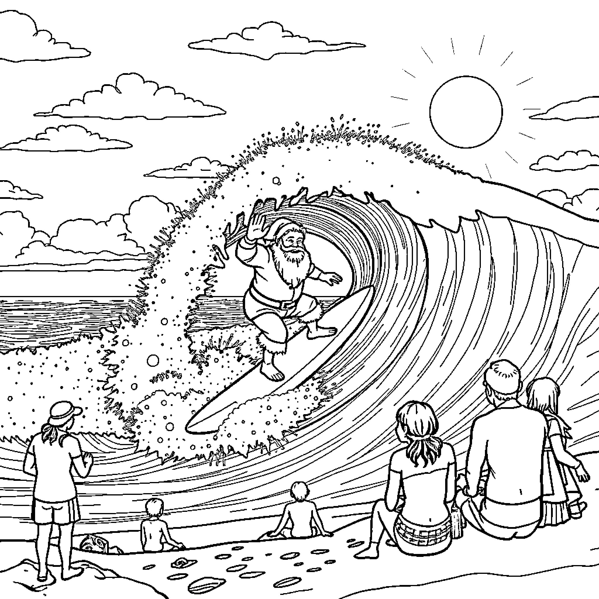 Santa surfing the giant wave with joy Coloring Page (free black-and-white line drawing printable PDF for all, from beginners to advanced learners, including children, teens, adults, and seniors)