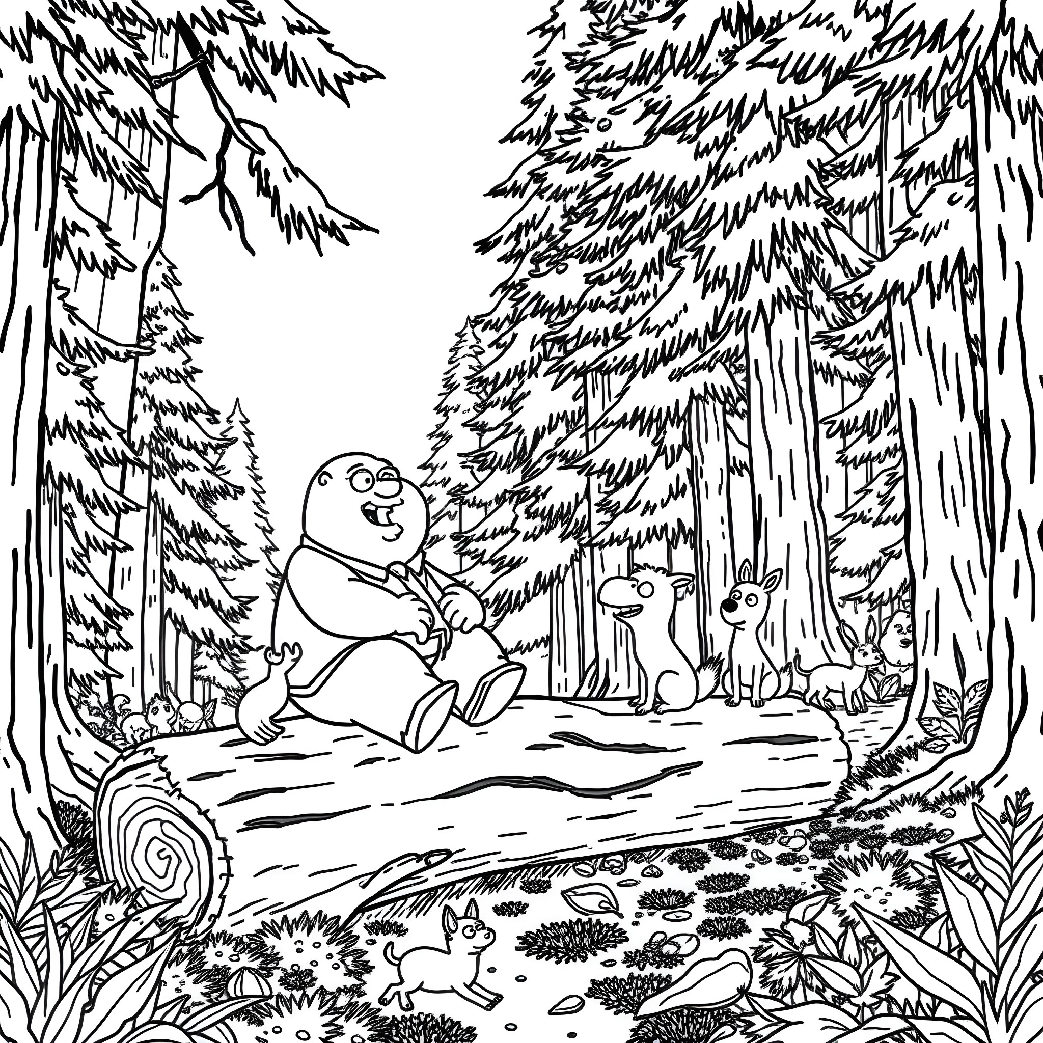 Peter Griffin enjoying nature in the forest with animals Coloring Page (free black-and-white line drawing printable PDF for all, from beginners to advanced learners, including children, teens, adults, and seniors)