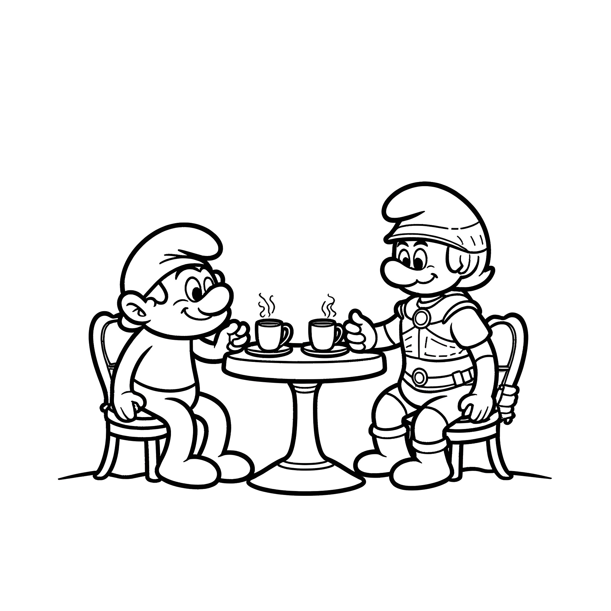 Papa Smurf and Smurf enjoying hot drinks at a table Coloring Page (free black-and-white line drawing printable PDF for all, from beginners to advanced learners, including children, teens, adults, and seniors)