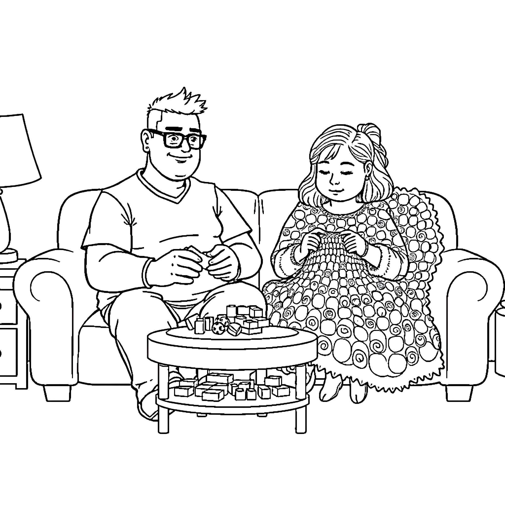 Person sitting on sofa with another person Coloring Page (free black-and-white line drawing printable PDF for all, from beginners to advanced learners, including children, teens, adults, and seniors)