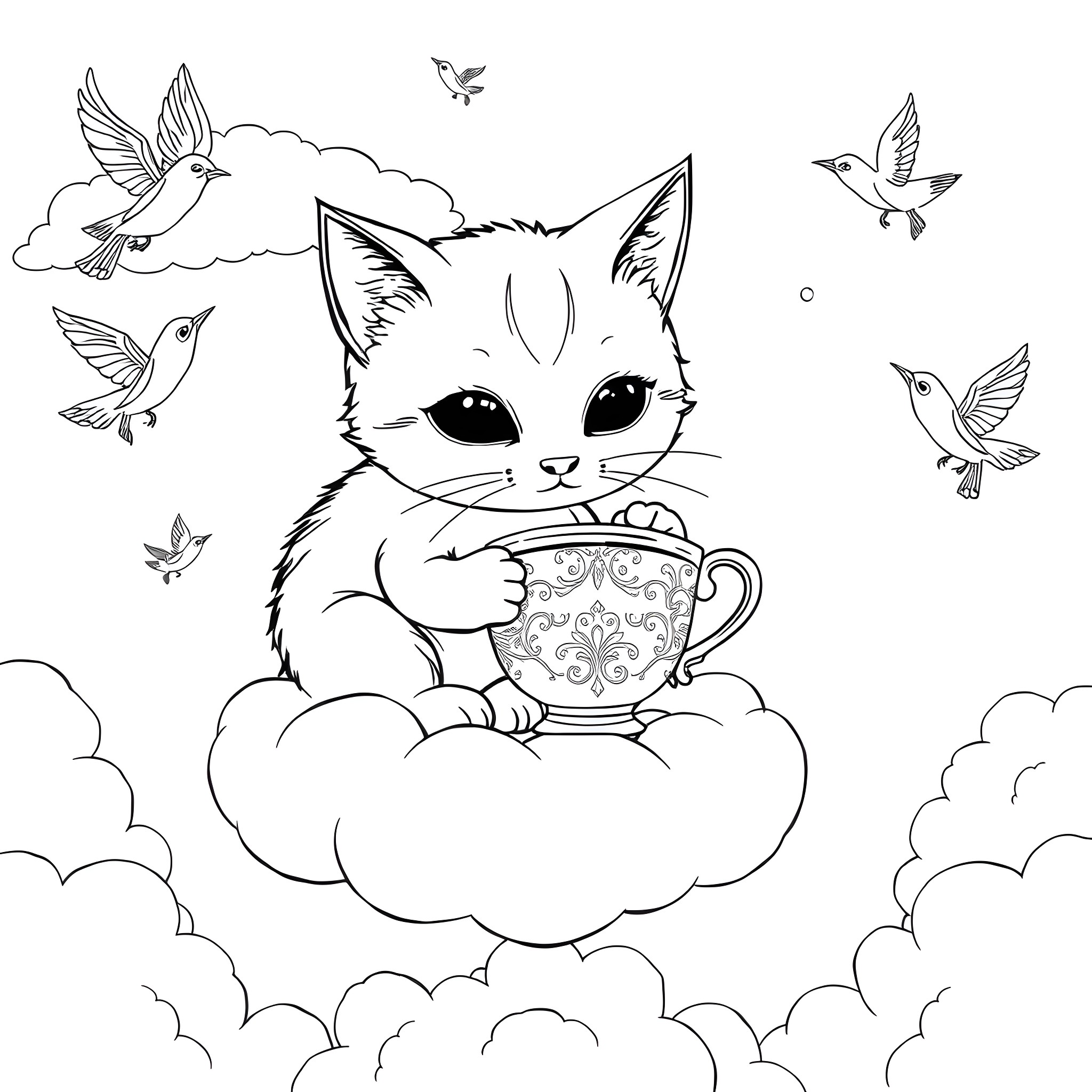 Cat Enjoying Tea on a Cloudy Day Coloring Page (free black-and-white line drawing printable PDF for all, from beginners to advanced learners, including children, teens, adults, and seniors)