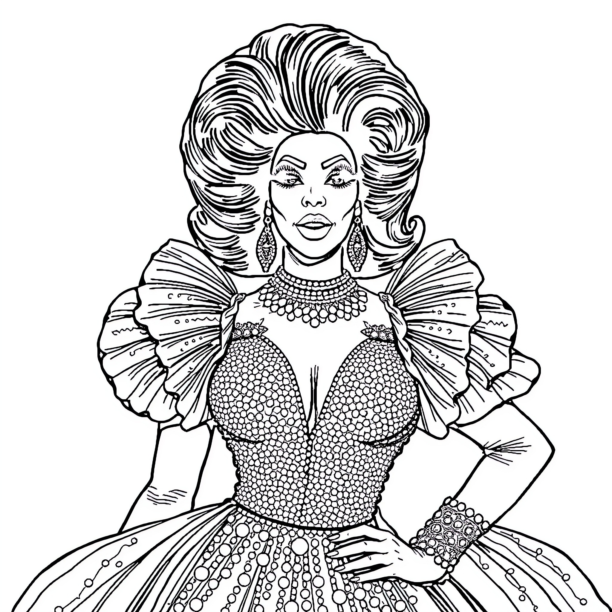 RuPaul's Extravagant Drag Queen Persona Coloring Page (free black-and-white line drawing printable PDF for all, from beginners to advanced learners, including children, teens, adults, and seniors)