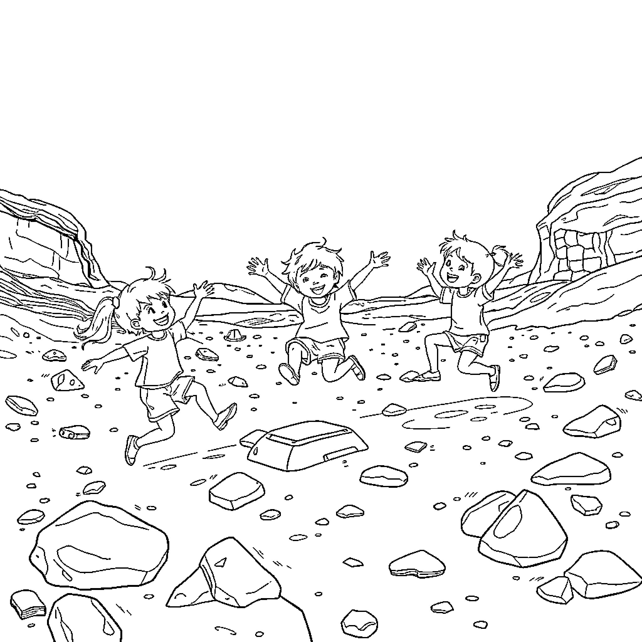 Child playing joyfully at the rocky beach Coloring Page (free black-and-white line drawing printable PDF for all, from beginners to advanced learners, including children, teens, adults, and seniors)