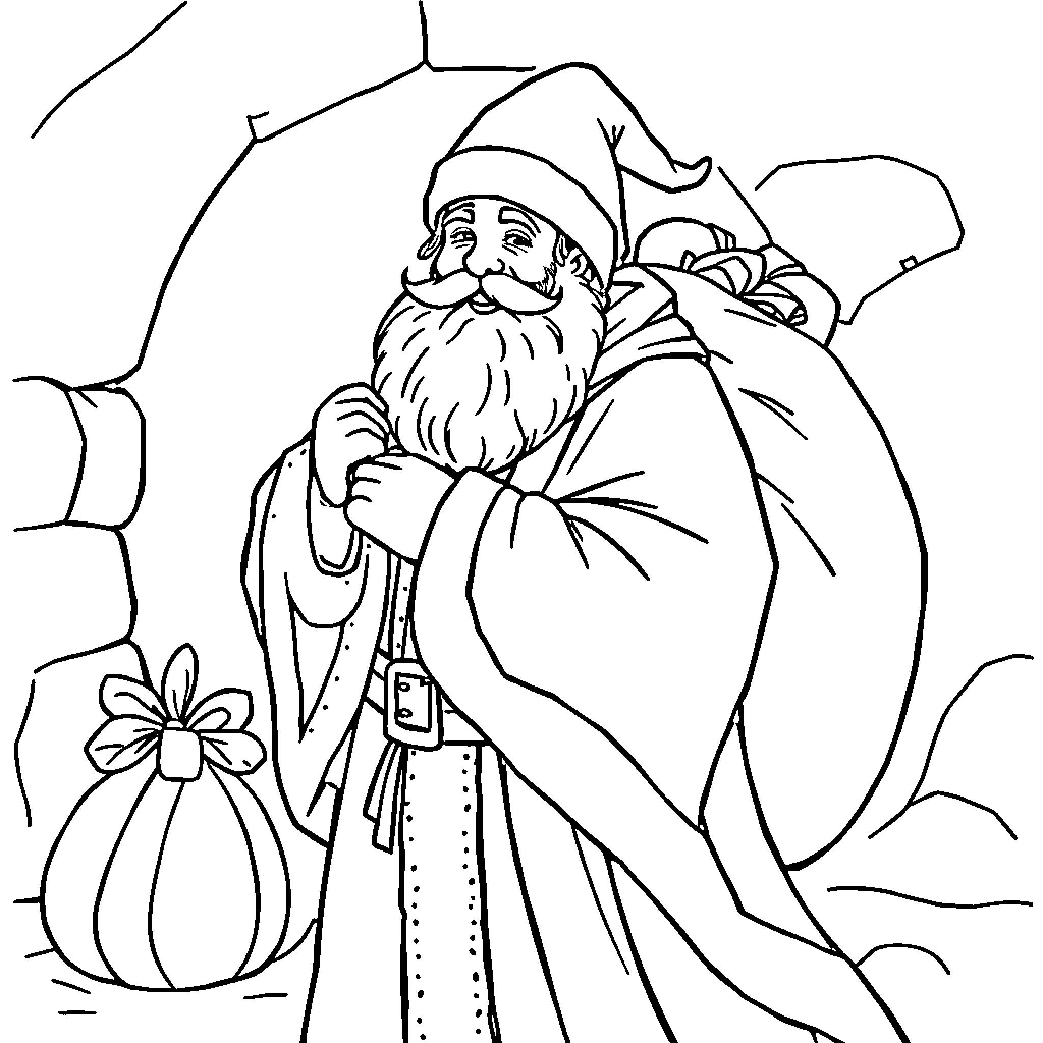 Saint Nicolas Delivering Gifts in Winter Wonderland Coloring Page (free black-and-white line drawing printable PDF for all, from beginners to advanced learners, including children, teens, adults, and seniors)