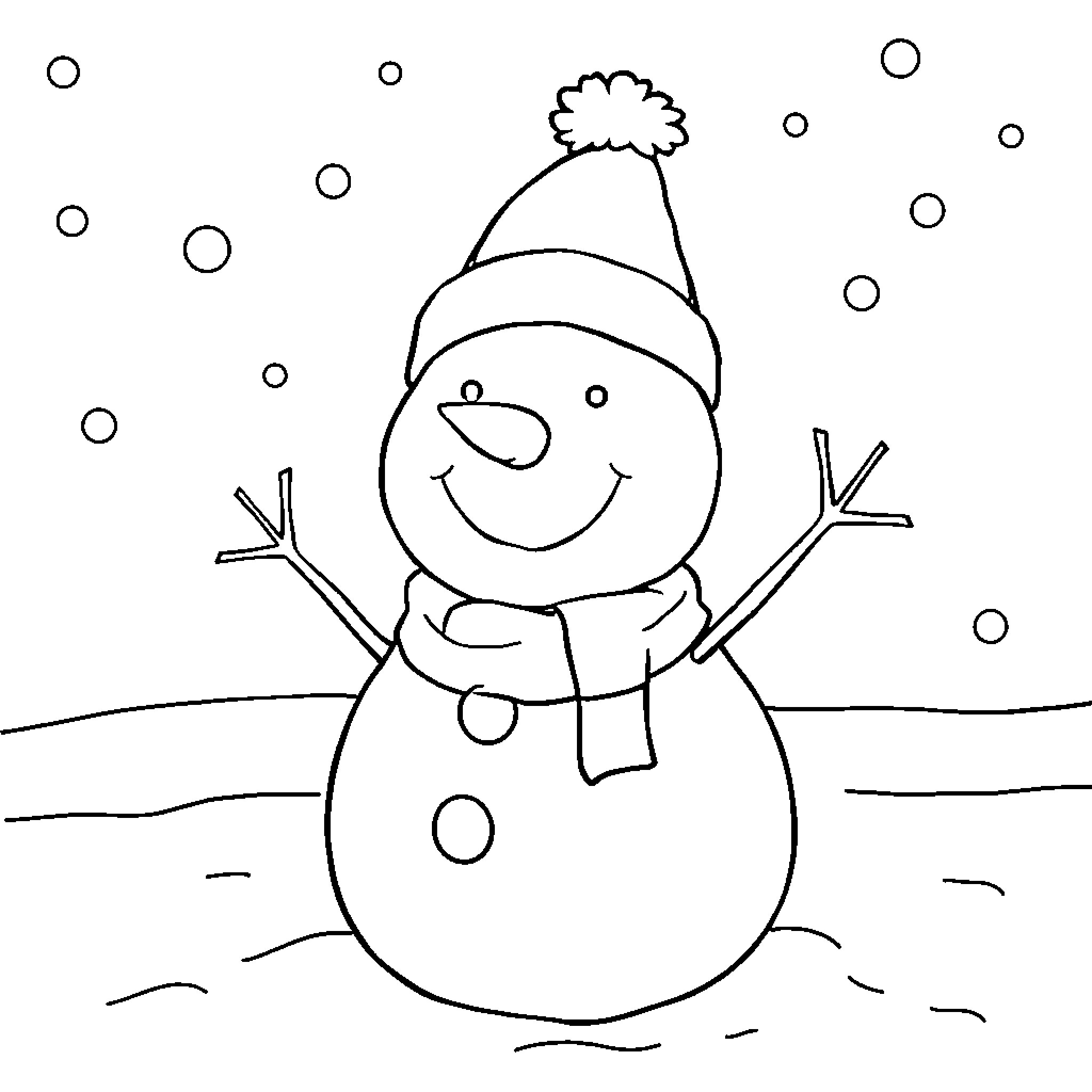 Snowman happily playing in the snowy scene Coloring Page (free black-and-white line drawing printable PDF for all, from beginners to advanced learners, including children, teens, adults, and seniors)