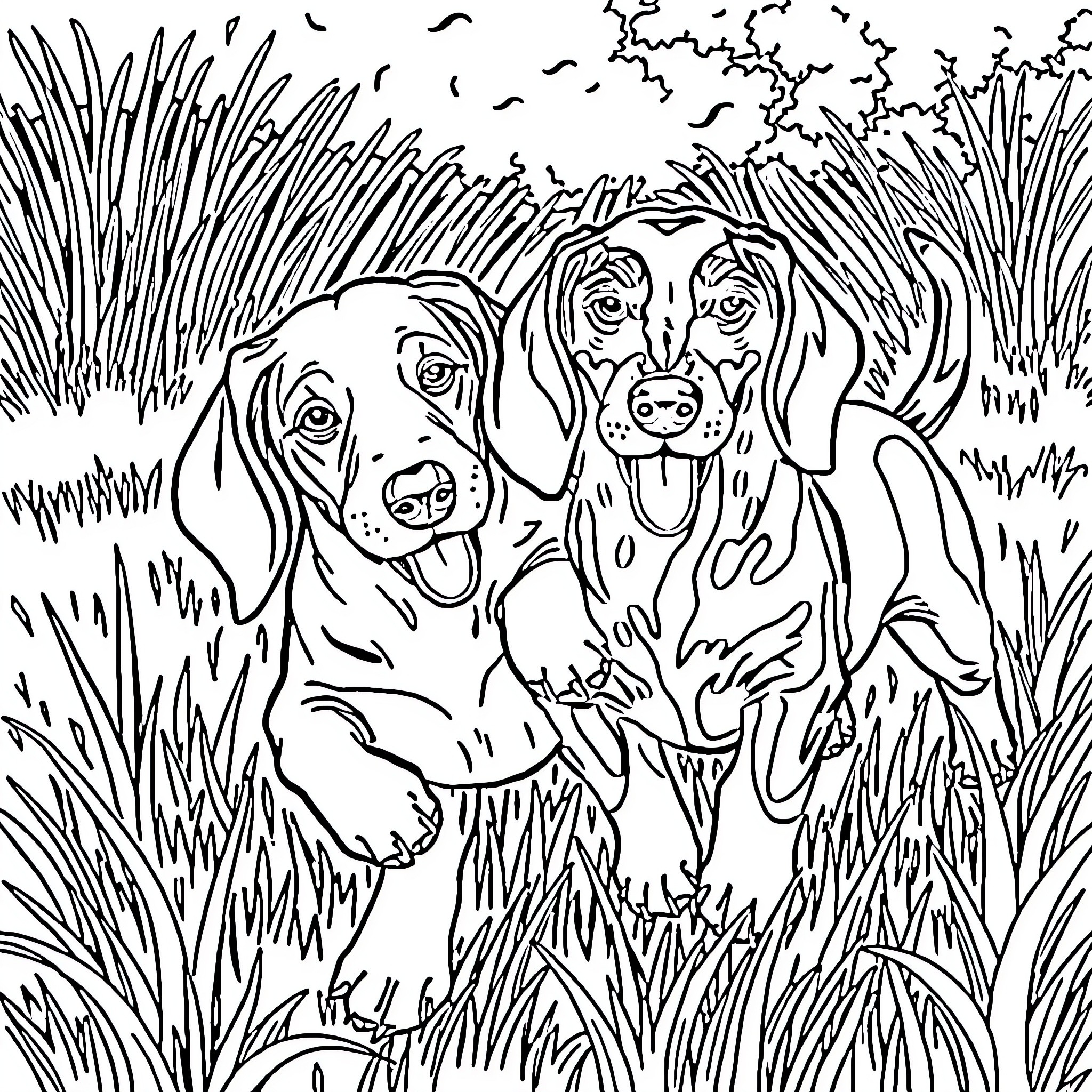 Weiner Dogs Playing Joyfully in the Tall Grass Coloring Page (free black-and-white line drawing printable PDF for all, from beginners to advanced learners, including children, teens, adults, and seniors)