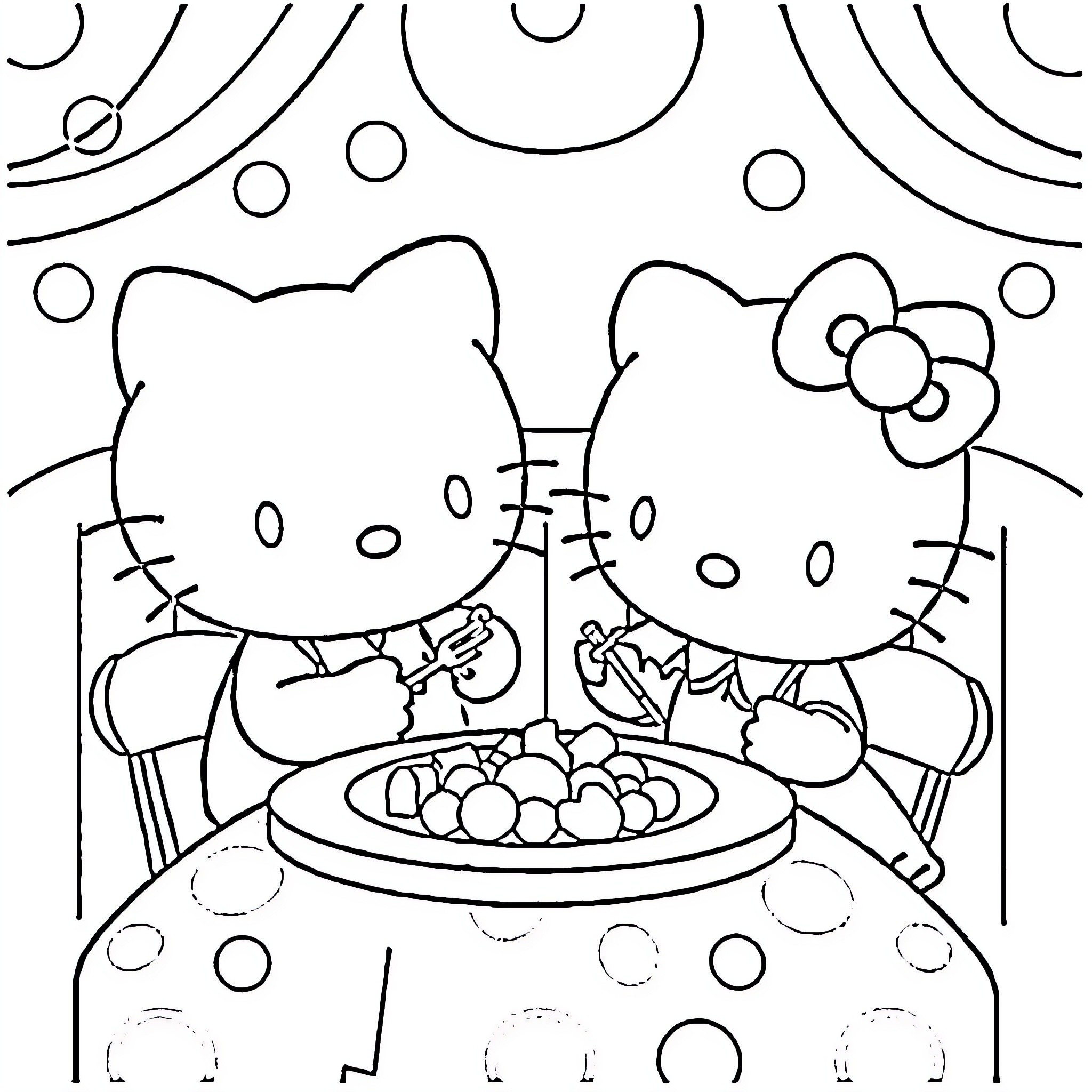 Hello Kitty having a tea party with friends Coloring Page (free black-and-white line drawing printable PDF for all, from beginners to advanced learners, including children, teens, adults, and seniors)