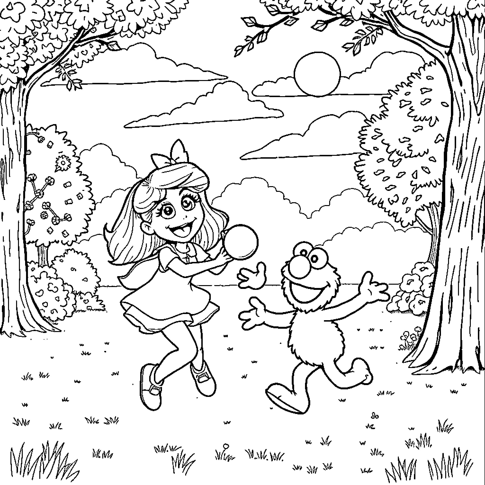 Miss Rachel plays happily with her furry friend in the forest Coloring Page (free black-and-white line drawing printable PDF for all, from beginners to advanced learners, including children, teens, adults, and seniors)