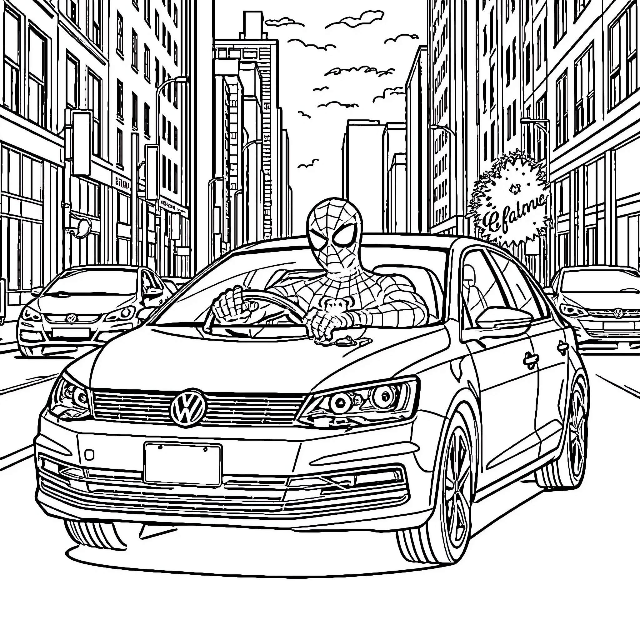 Spiderman swinging through the city in a car Coloring Page (free black-and-white line drawing printable PDF for all, from beginners to advanced learners, including children, teens, adults, and seniors)
