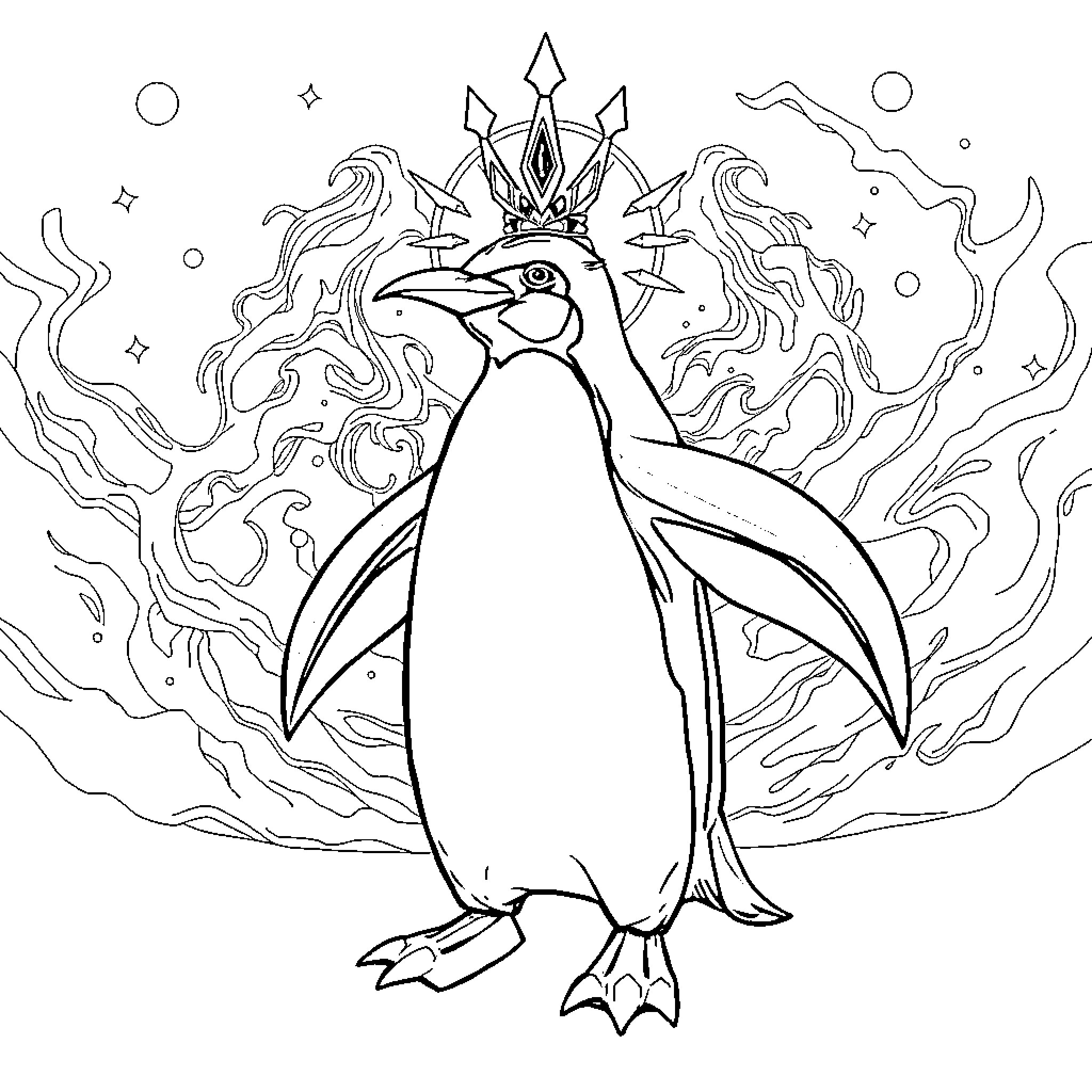 Penguin with celestial crown amidst cosmic elements Coloring Page (free black-and-white line drawing printable PDF for all, from beginners to advanced learners, including children, teens, adults, and seniors)