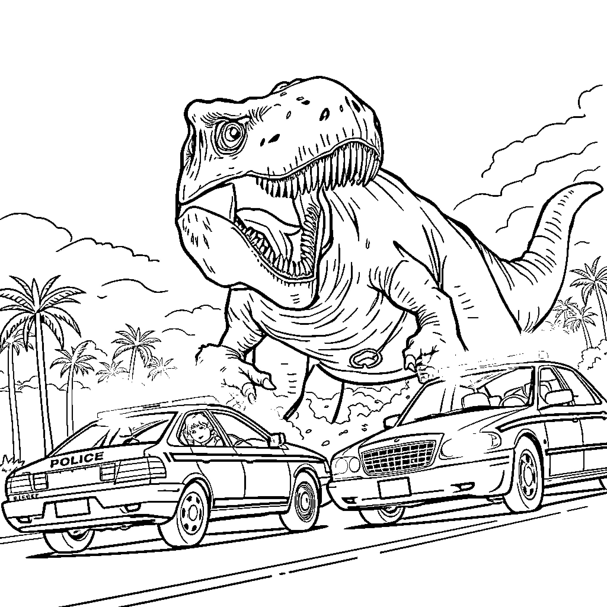 T-Rex Terrorizing Cops in Tropical Landscape Coloring Page (free black-and-white line drawing printable PDF for all, from beginners to advanced learners, including children, teens, adults, and seniors)