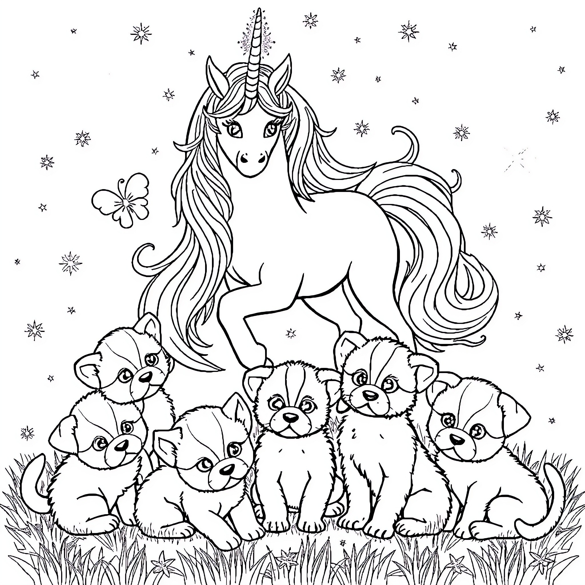 Unicorn surrounded by adorable puppies and butterflies Coloring Page (free black-and-white line drawing printable PDF for all, from beginners to advanced learners, including children, teens, adults, and seniors)