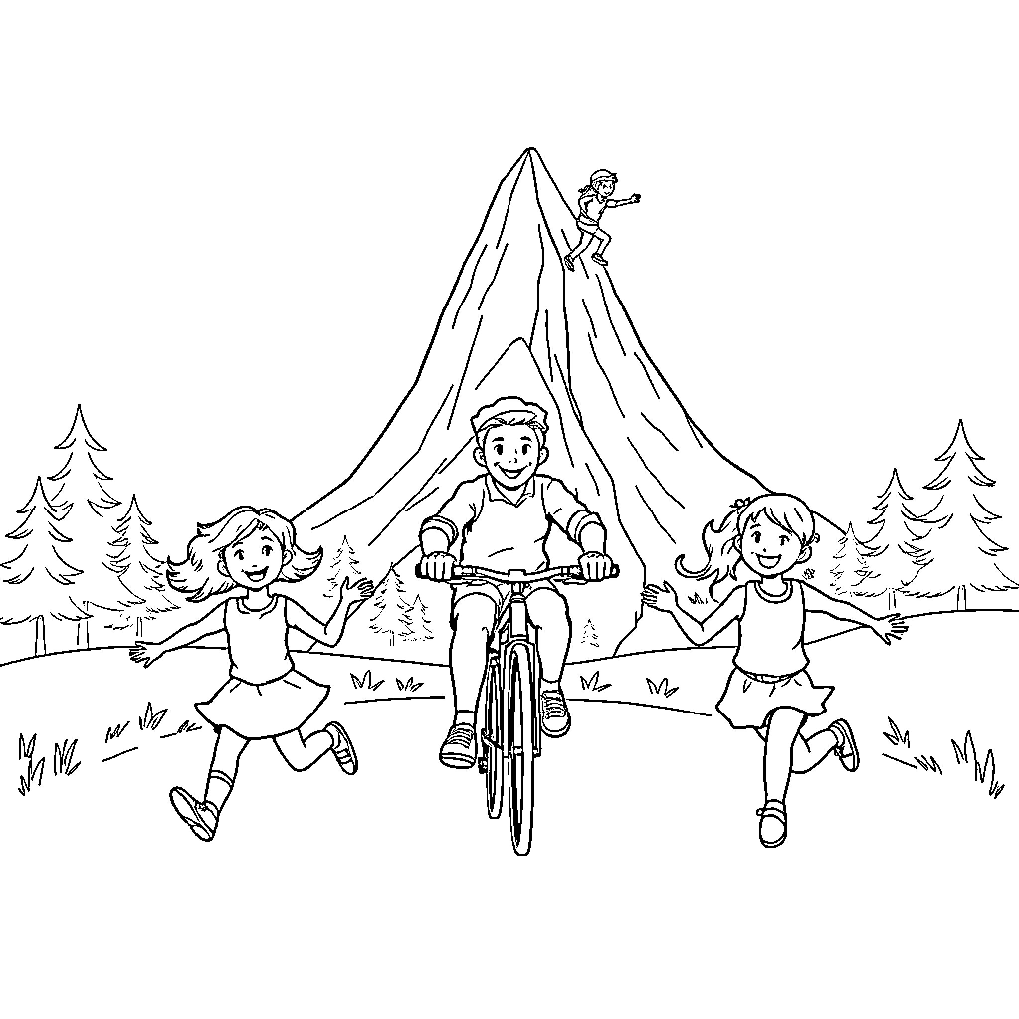 Children playing together in the great outdoors Coloring Page (free black-and-white line drawing printable PDF for all, from beginners to advanced learners, including children, teens, adults, and seniors)
