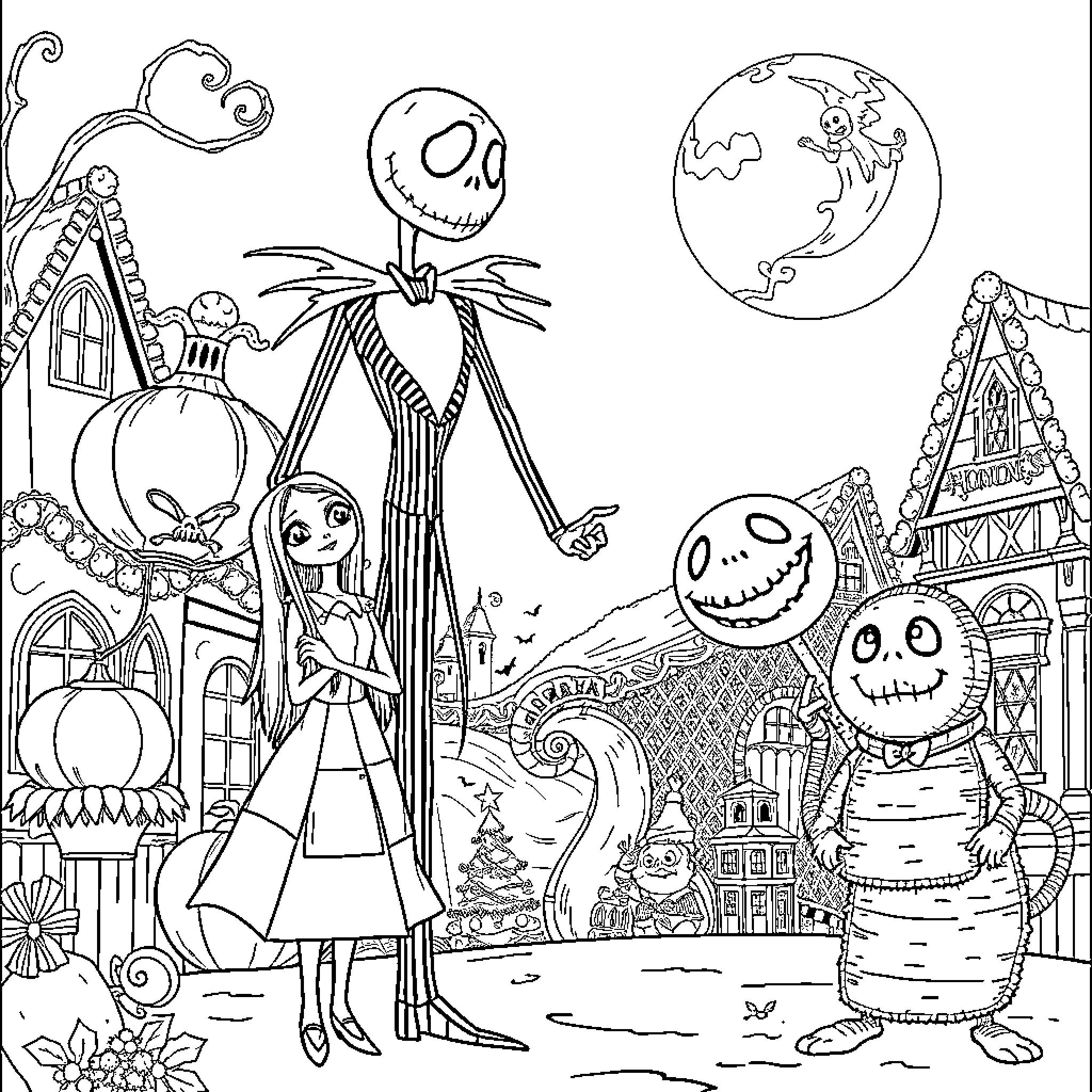 Character from Nightmare Before Christmas in Fantastical Scene Coloring Page (free black-and-white line drawing printable PDF for all, from beginners to advanced learners, including children, teens, adults, and seniors)