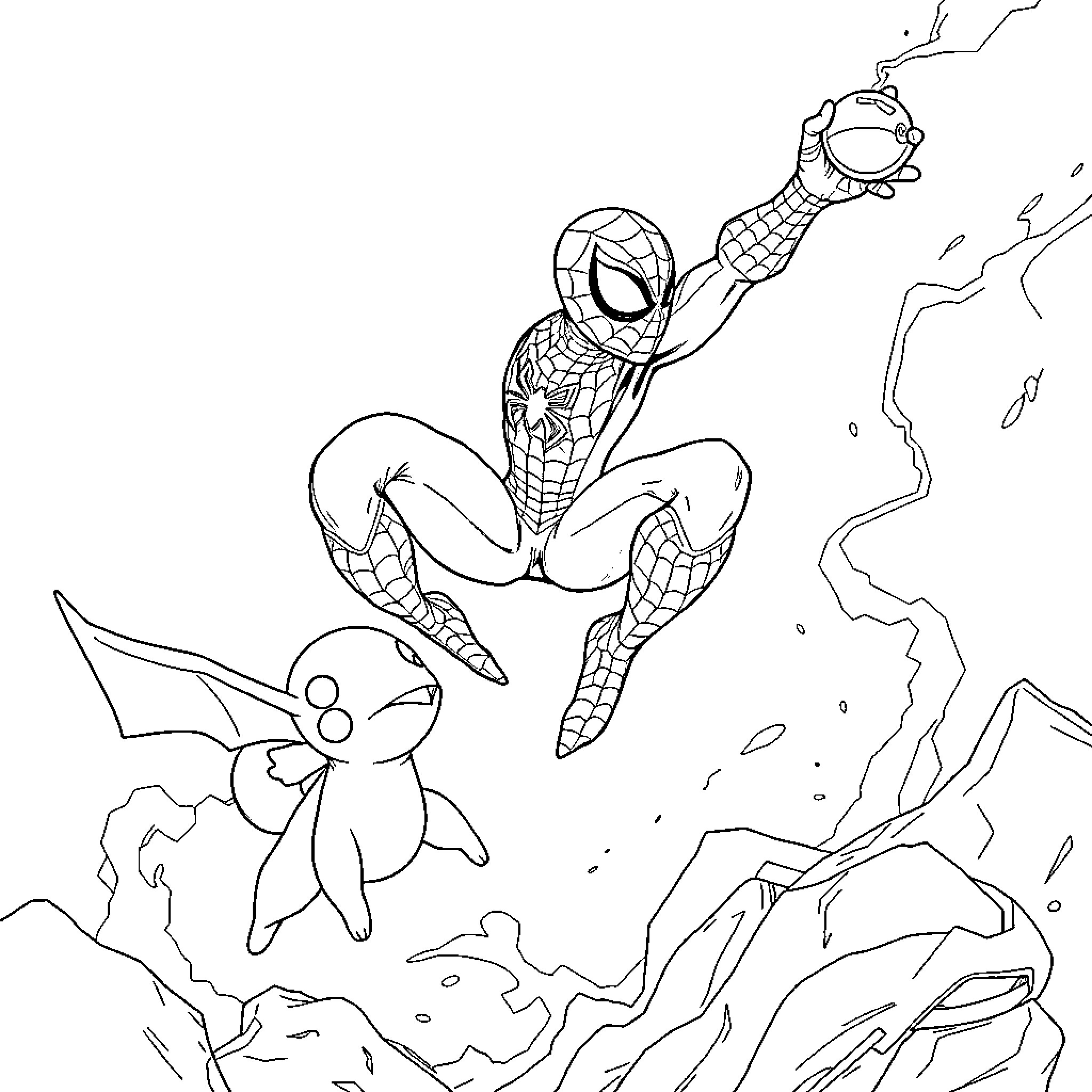 Spiderman swinging heroically through the city Coloring Page (free black-and-white line drawing printable PDF for all, from beginners to advanced learners, including children, teens, adults, and seniors)