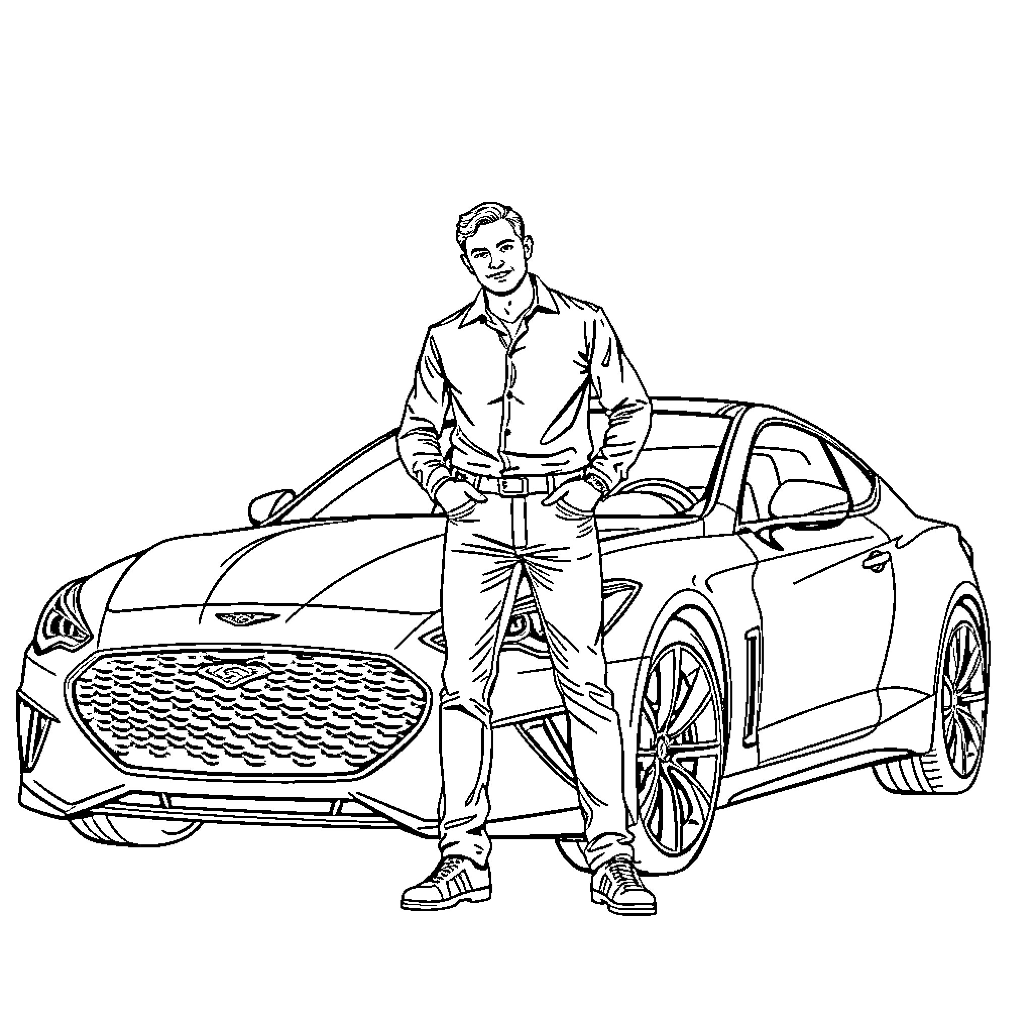 Man posing confidently next to his sports car Coloring Page (free black-and-white line drawing printable PDF for all, from beginners to advanced learners, including children, teens, adults, and seniors)