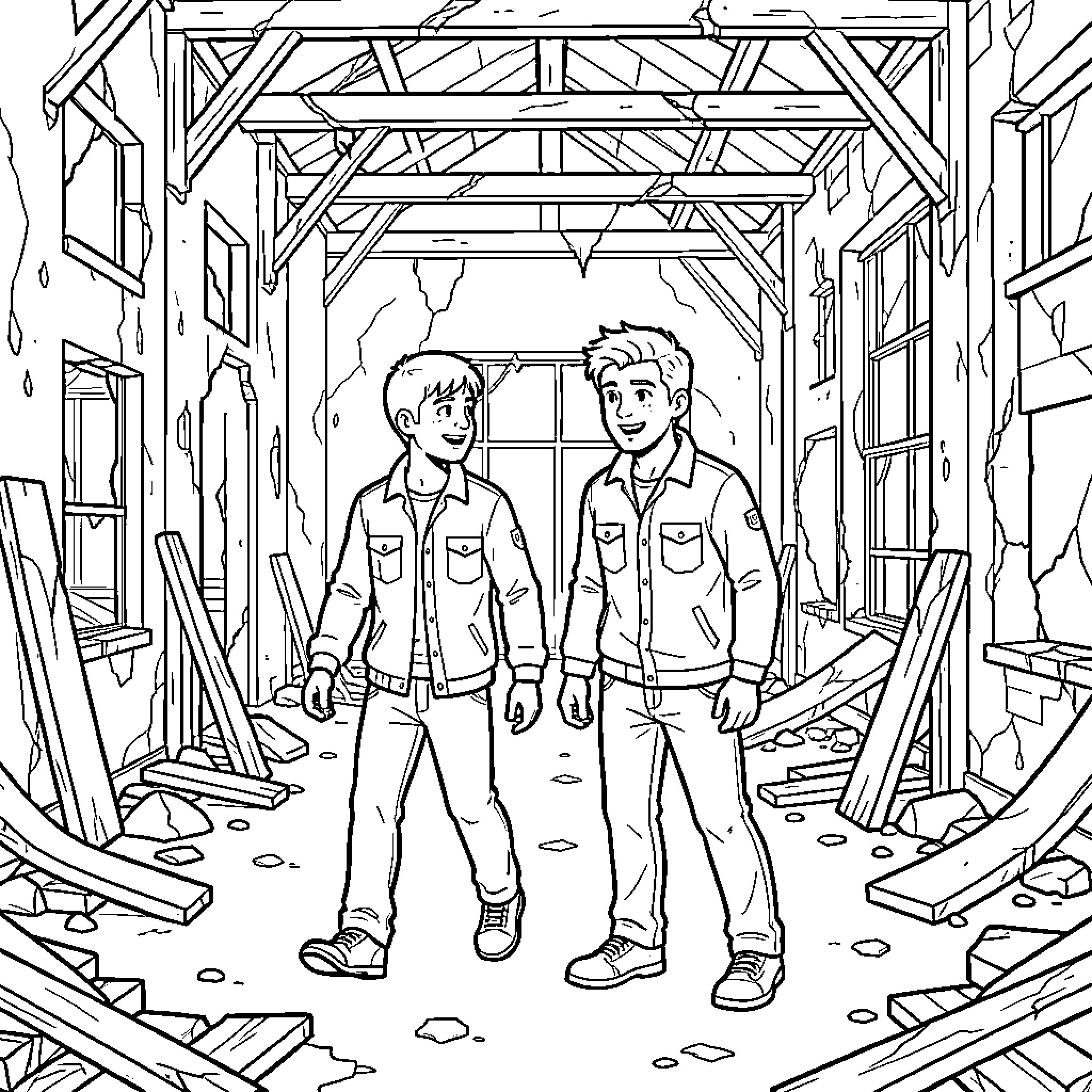 Sam and Colby walking through a ruined building Coloring Page (free black-and-white line drawing printable PDF for all, from beginners to advanced learners, including children, teens, adults, and seniors)