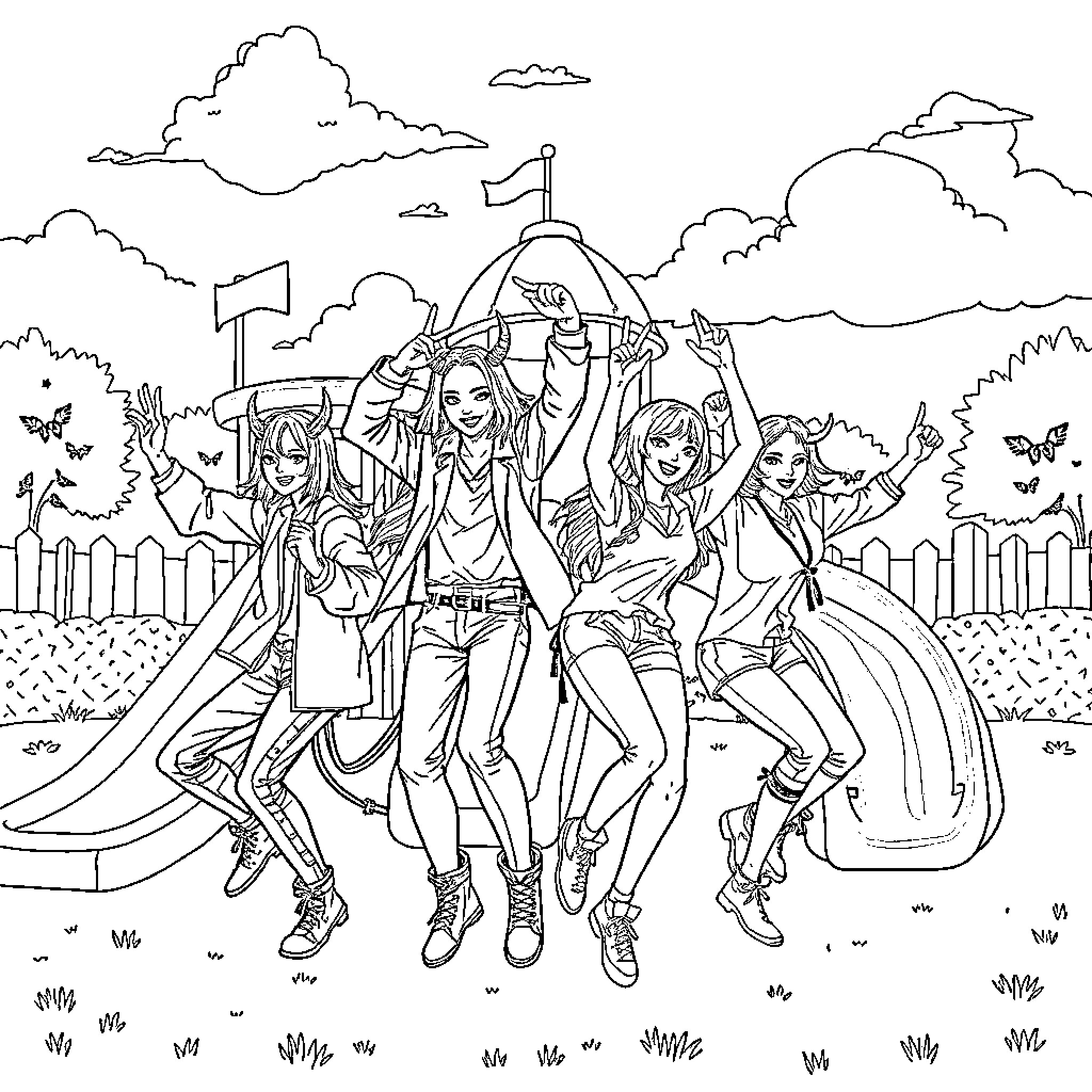 Kpop Demon Hunter Teens Battling with Weapons in Magical Realm Coloring Page (free black-and-white line drawing printable PDF for all, from beginners to advanced learners, including children, teens, adults, and seniors)