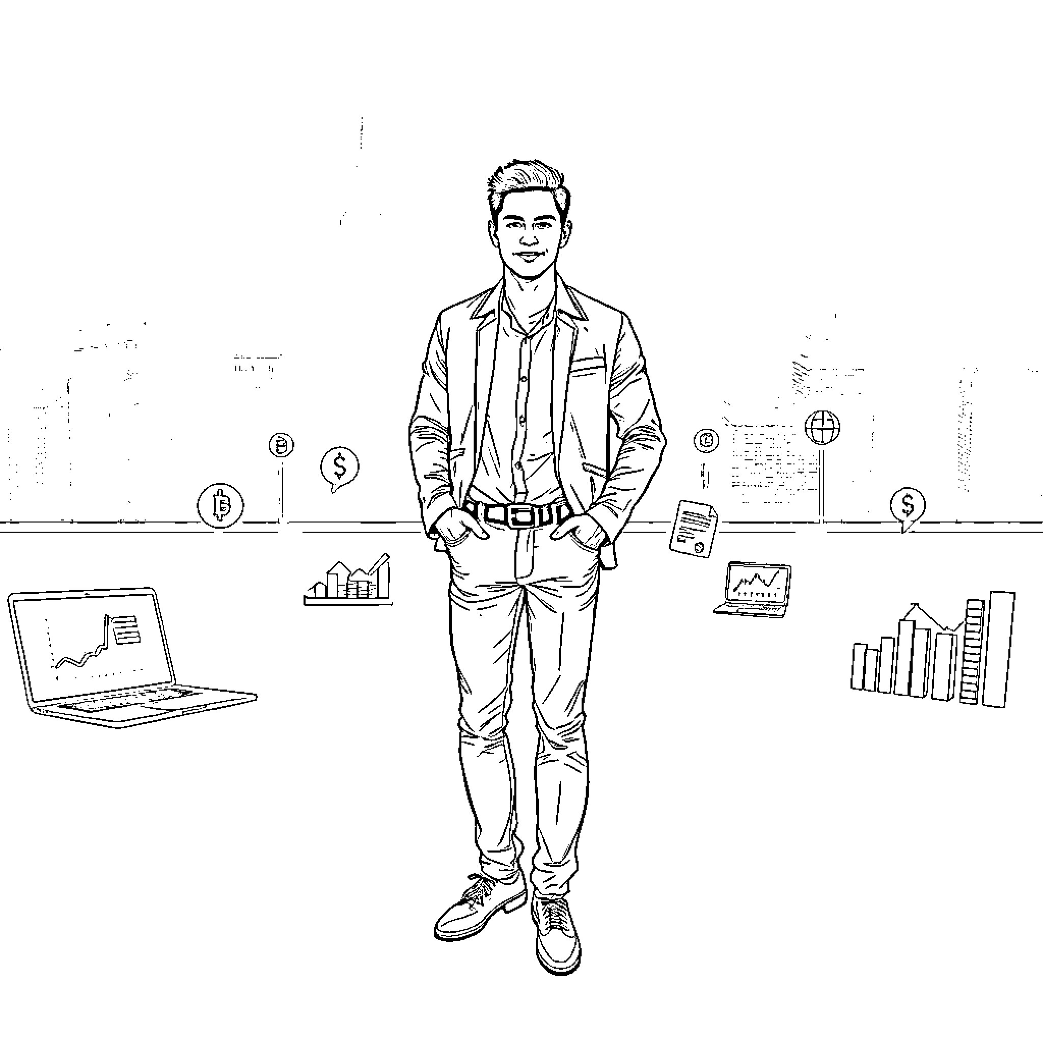 Professional businessman in modern office environment Coloring Page (free black-and-white line drawing printable PDF for all, from beginners to advanced learners, including children, teens, adults, and seniors)