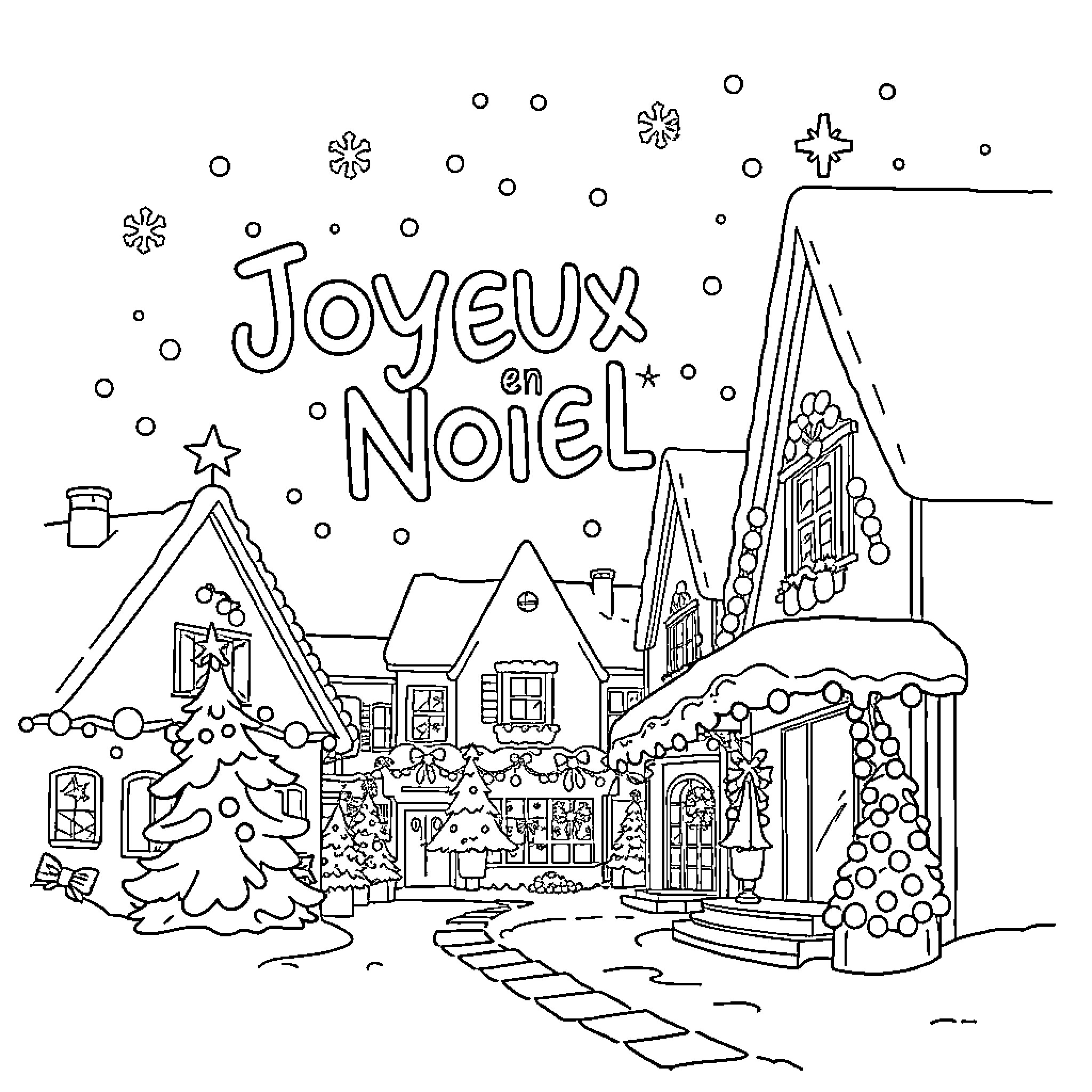 Fortnite Joyeux Noël in Snowy Town Coloring Page (free black-and-white line drawing printable PDF for all, from beginners to advanced learners, including children, teens, adults, and seniors)