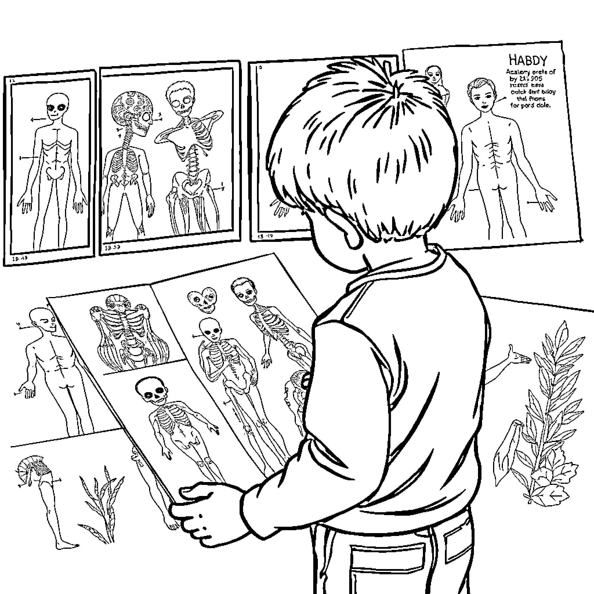 Boy viewing anatomical diagrams with curiosity Coloring Page (free black-and-white line drawing printable PDF for all, from beginners to advanced learners, including children, teens, adults, and seniors)