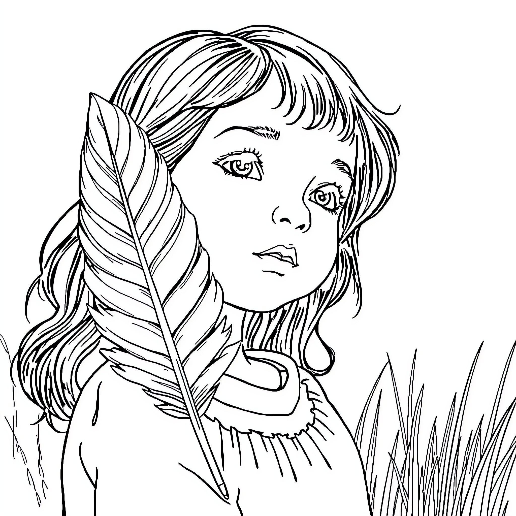 Feather-adorned woman in contemplative pose Coloring Page (free black-and-white line drawing printable PDF for all, from beginners to advanced learners, including children, teens, adults, and seniors)