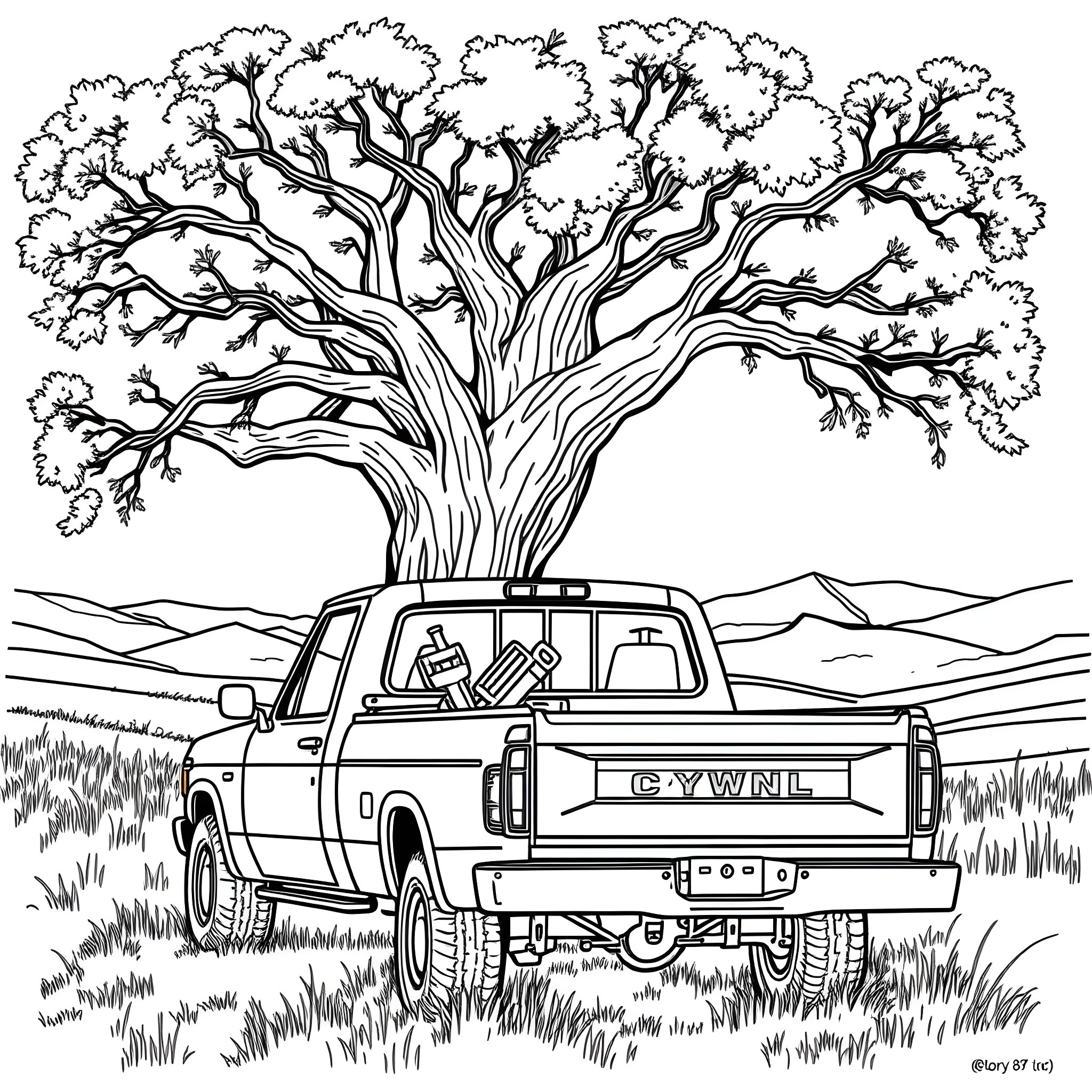 Pick Up Truck Parked Under Majestic Tree Coloring Page (free black-and-white line drawing printable PDF for all, from beginners to advanced learners, including children, teens, adults, and seniors)