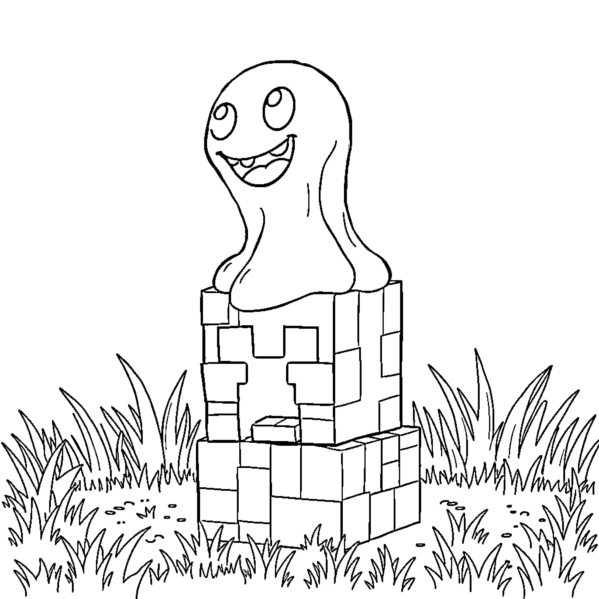 Slime Creature Exploring Blocky Terrain Coloring Page (free black-and-white line drawing printable PDF for all, from beginners to advanced learners, including children, teens, adults, and seniors)