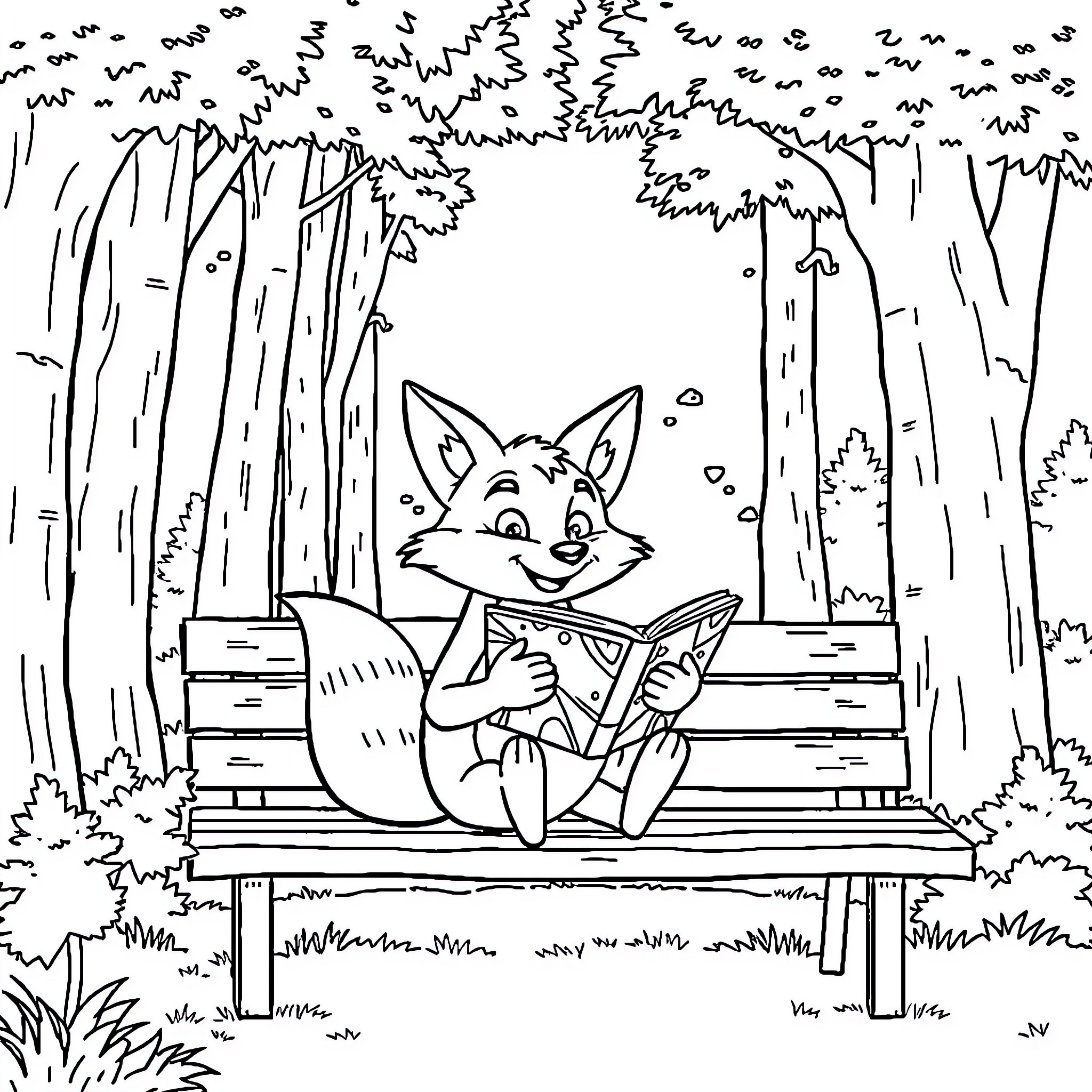 Max the Fox Reading a Book in the Forest Coloring Page (free black-and-white line drawing printable PDF for all, from beginners to advanced learners, including children, teens, adults, and seniors)