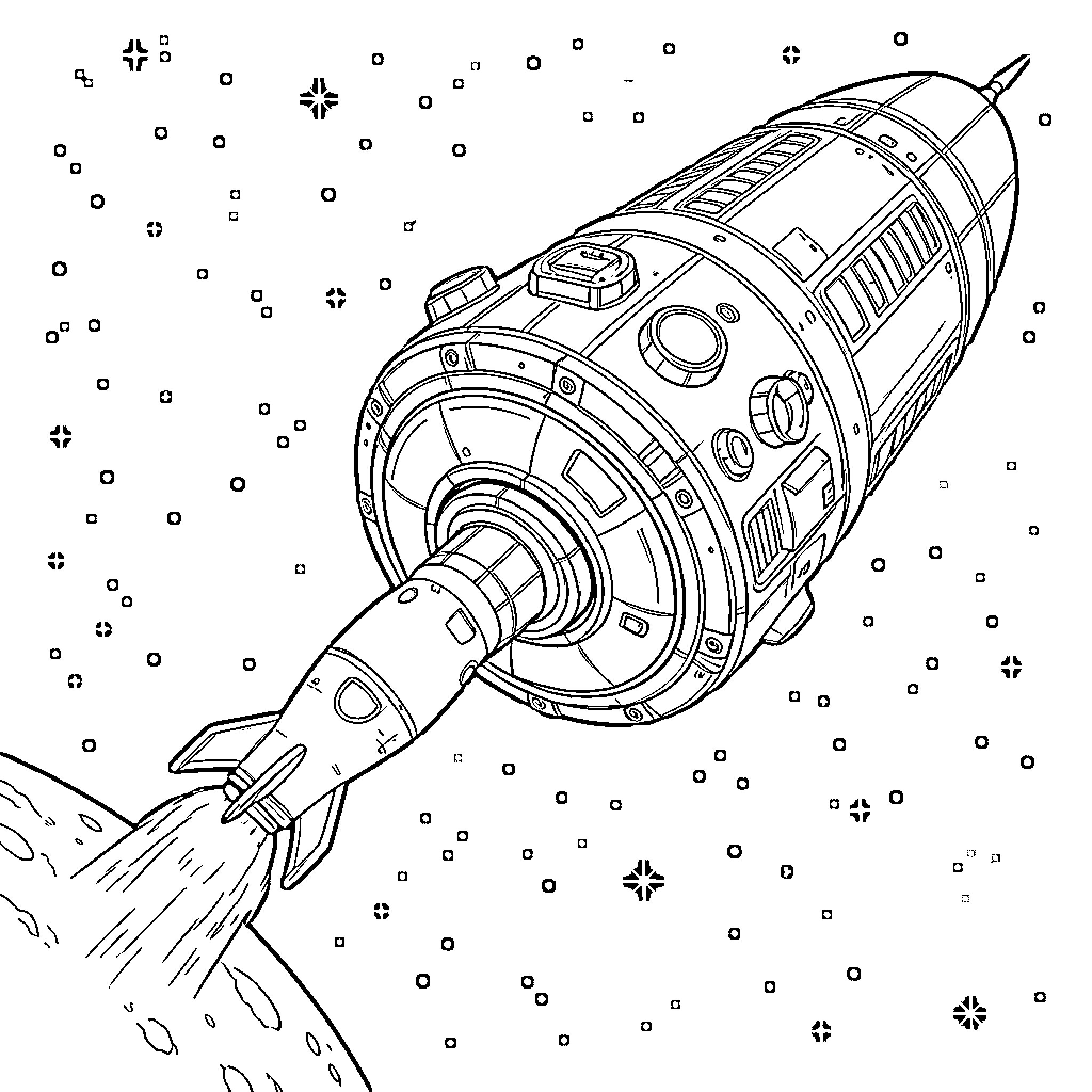 Rocket soaring through the cosmos Coloring Page (free black-and-white line drawing printable PDF for all, from beginners to advanced learners, including children, teens, adults, and seniors)